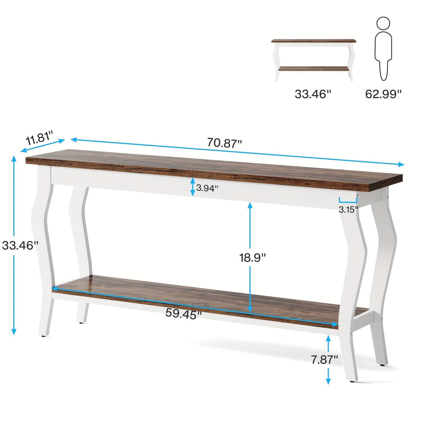 70.9 Inches Extra Long Sofa Table Behind Couch, Vintage Console Entry Table With 2-Tier Storage For Hallway, Entryway, Living Room, White & Brown