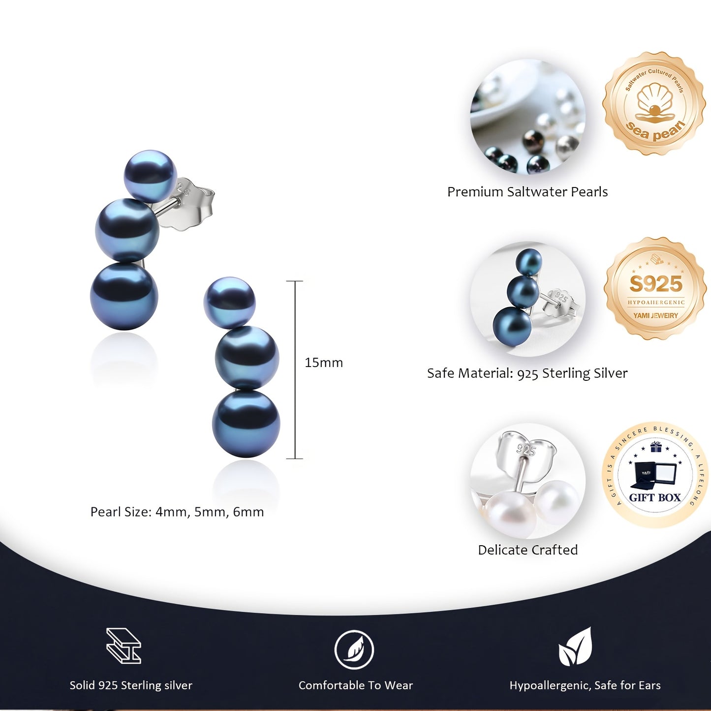 YAMI Black Seawater Pearl Stud Or Hoop Earrings For Women, 925 Sterling Silver Hypoallergenic Earrings, Climber Crawler Jewelry, Dainty Jewelry Gifts For Anniversary Birthday