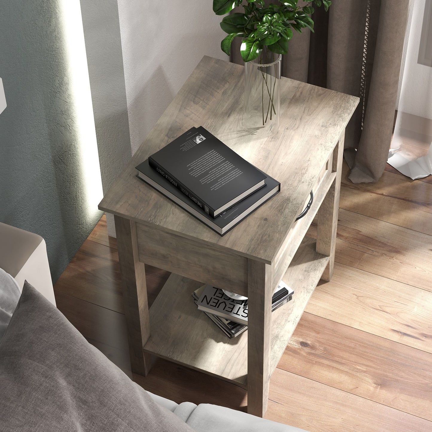 Modern Industrial Side Table with Storage Drawer & Open Shelf - Bedside Table Suitable for Bedroom, Living Room, Dorm - Easy Assembly Compact Furniture with Low Profile, Space-Saving Cabinet/Shelf Unit