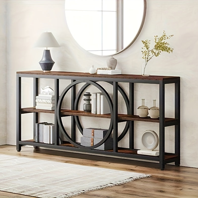 LITTLE TREE 70.9 inch Sofa Console Table, Extra Long Narrow Entryway Tables with 3 Tier Wood Storage Shelves Metal Frame for Foyer Hallway Living Room Behind Couch