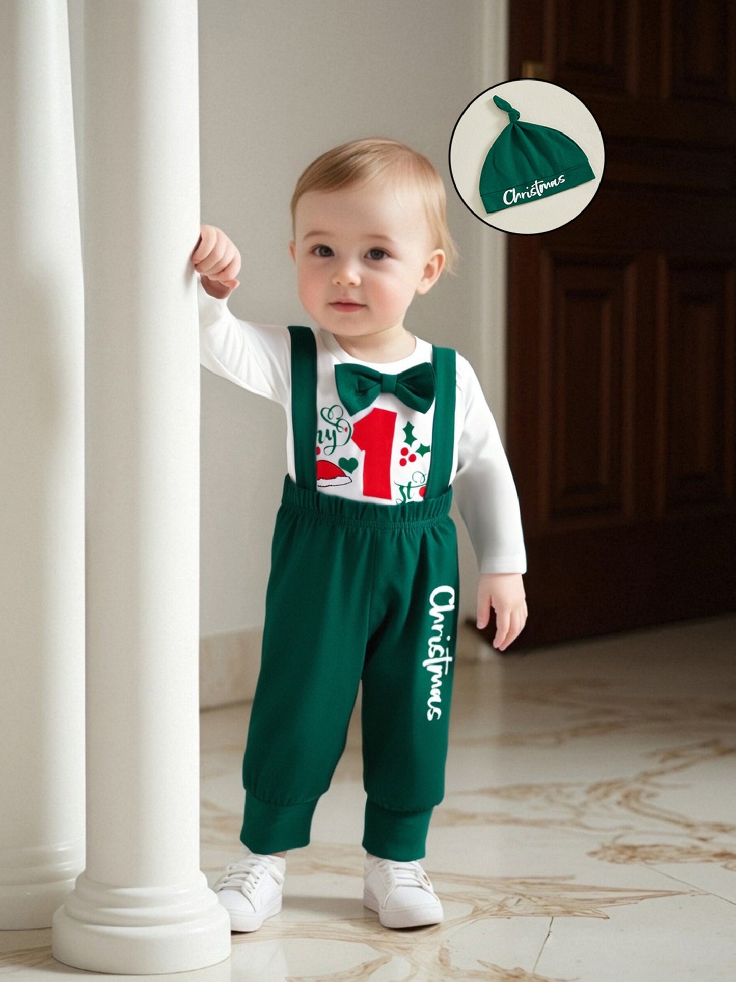 Newborn Baby Boy Fall Winter Christmas Letter Long Sleeve Round Neck Romper Elastic Waist Overall Pants with Hat Outfits, Perfect for Outdoor
