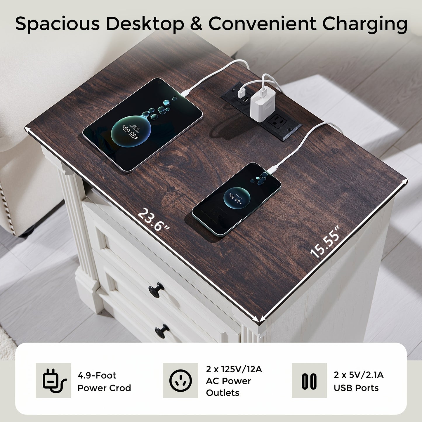 Set of Two 26-Inch Tall Farmhouse Nightstands Featuring Two Drawers And a Charging Station, a Large 23.6-Inch Wide Side Table with a Roman Column Design, a Rustic Wooden Sofa Table with an Open Shelf, And a Bedside Table Suit