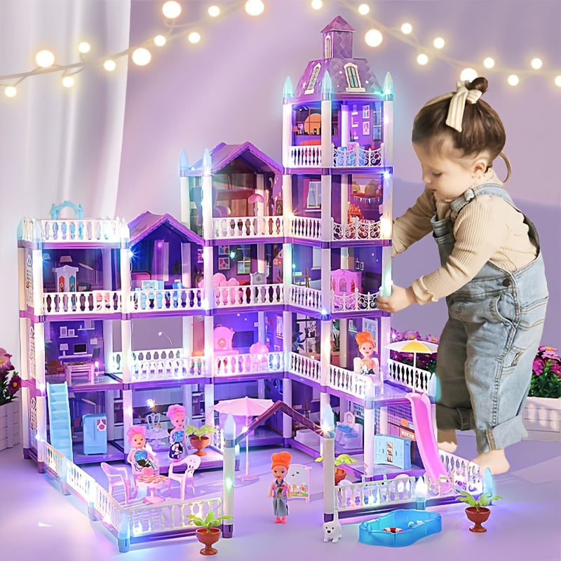 Doll House For Girls, 11 Rooms Dollhouse With Dolls Figure, Puppies, Furnitures, Accessories, LED Light, Playhouse Gift For For 3 4 5 6 7 8 9 10 Year Old Girls Toys