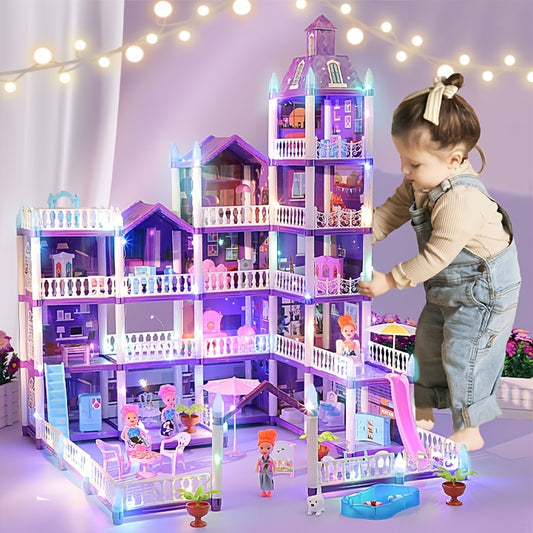 Doll House For Girls, 11 Rooms Dollhouse With Dolls Figure, Puppies, Furnitures, Accessories, LED Light, Playhouse Gift For For 3 4 5 6 7 8 9 10 Year Old Girls Toys