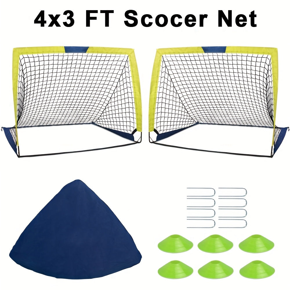 2 Soccer Goals 4'x 3'-Yellow/Orange/Black, Portable Soccer Goals for Backyard Or Indoor Pop Up Soccer Nets with 6 Training Cones, Carrying Bag, 8 Ground Stakes