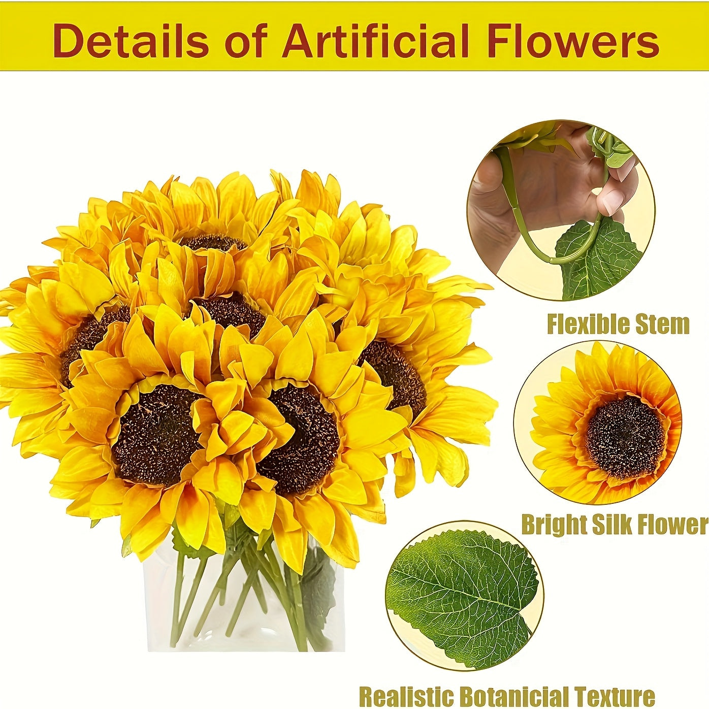 6pcs 24.4" Large Sunflowers Artificial Flowers 8" Full Bloom Long Stem Artificial Sunflower Tall Sun Flowers Giant Sunflowers with Stem Fake Sunflower Floral Arrangement for Outdoor Indoor Home Vase Table Wedding Party Garden