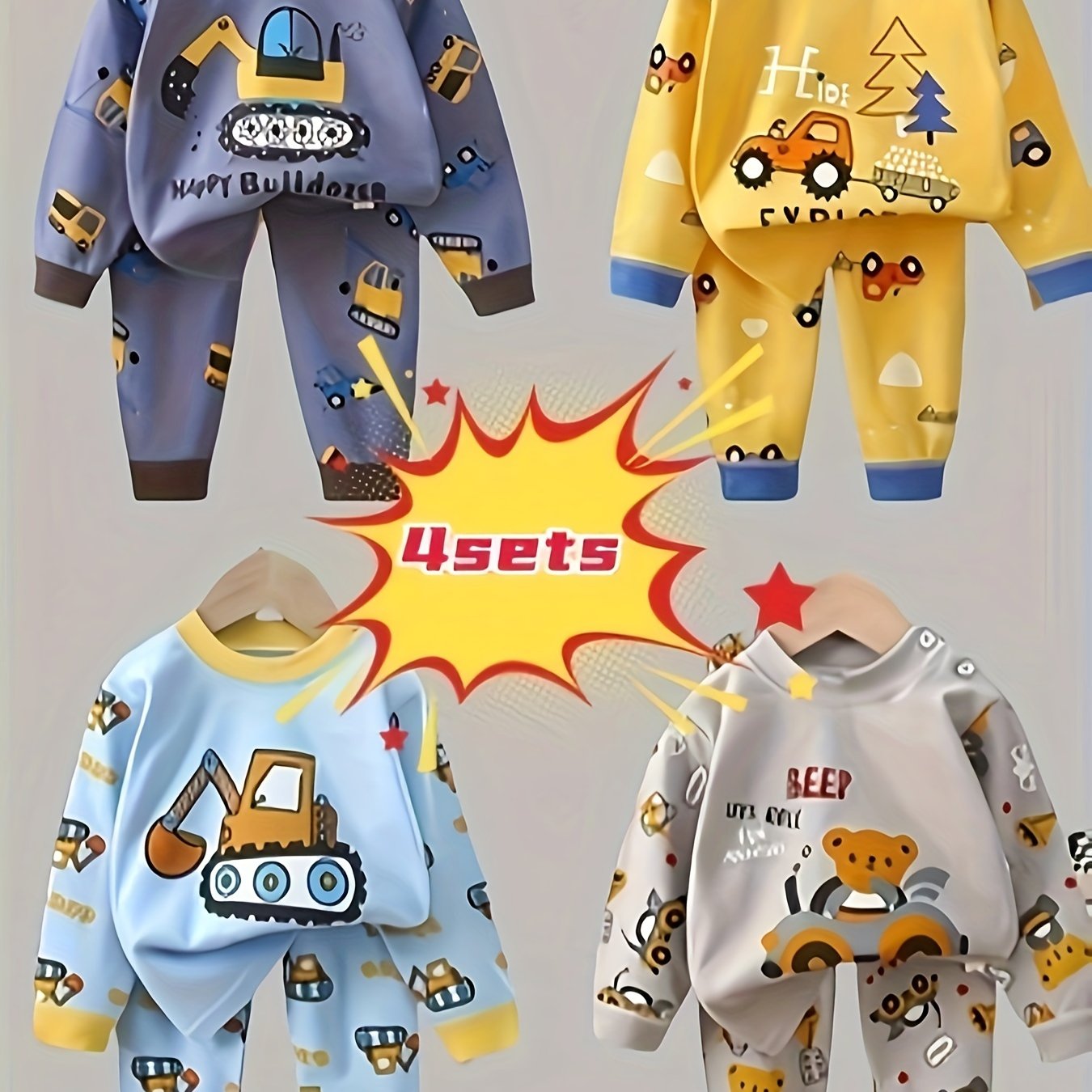 4pcs set set set Autumn simple fashion full print set Car series full print Cute children love motorcycle print series autumn set comfortable and breathable, Perfect for Outdoor