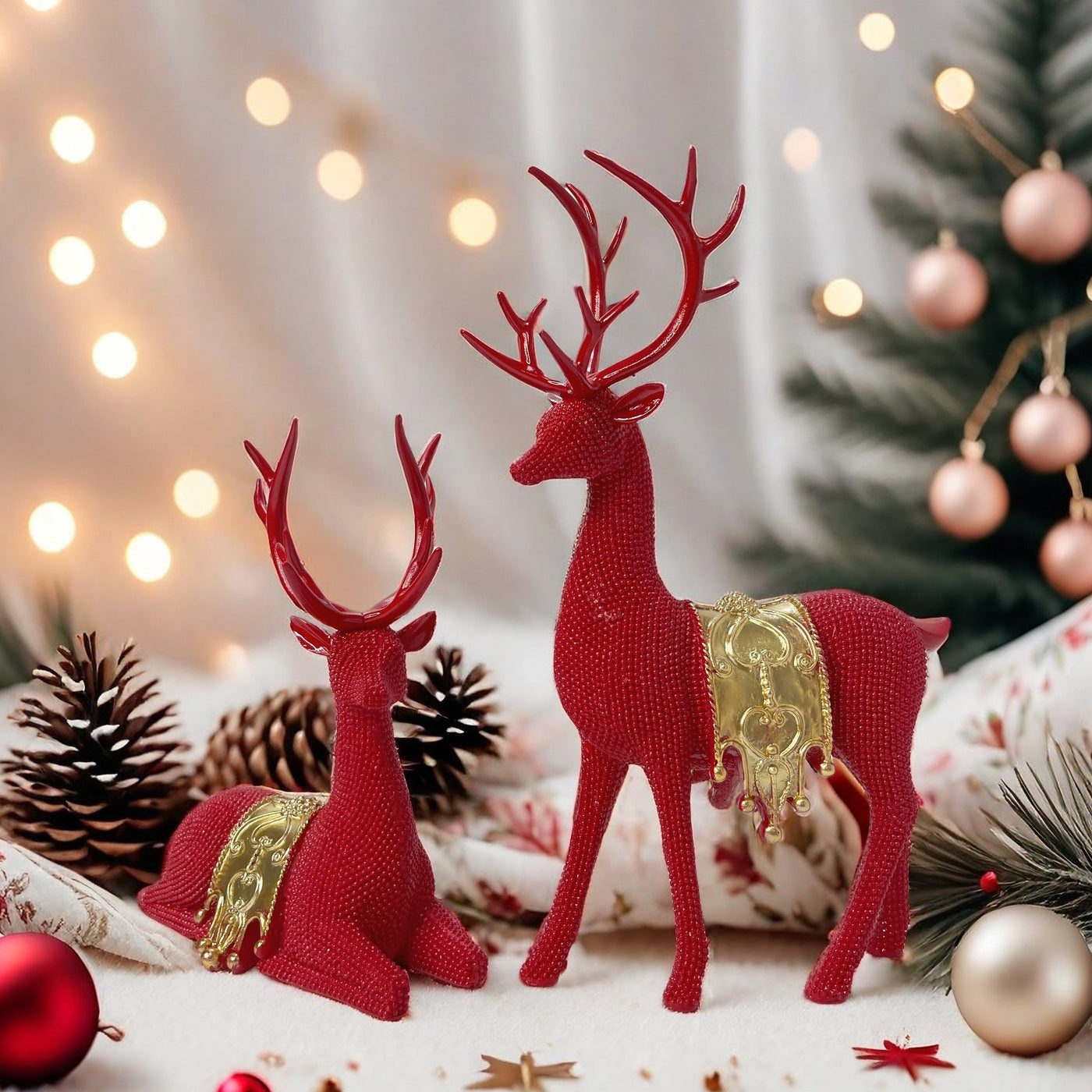 [2D Flat] Two Shiny Golden Bead Christmas Reindeer Decorations, Resin Festive Table Ornaments Suitable for Christmas, Valentine'S Day, New Year, Perfectly Suitable for Display Stands, Fireplace Tables And Gift Boxes. Christma