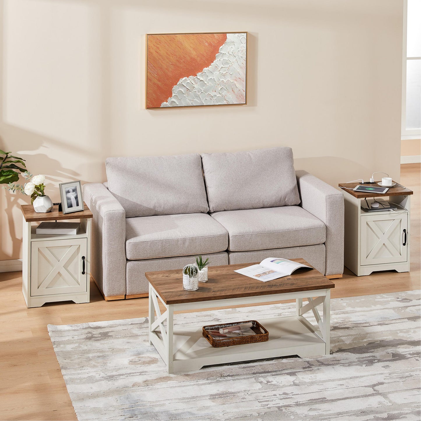 ALBOTT 3pcs Farmhouse Table Set Includes Coffee Table And Two End Tables Side Table with Charging Station And USB Ports for Living Space
