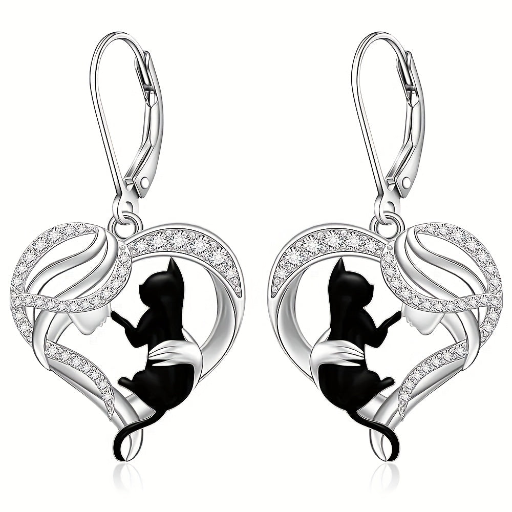 Black Cat Earrings for Women Cat Sterling Silvery Earrings Dangle Leverback Halloween Christmas Jewelry Cute Cats Gifts, Holiday Jewelry, Dangle Design, Bohemian Style, Synthetic Stone, Lightweight Earrings, Drop Earrings, St