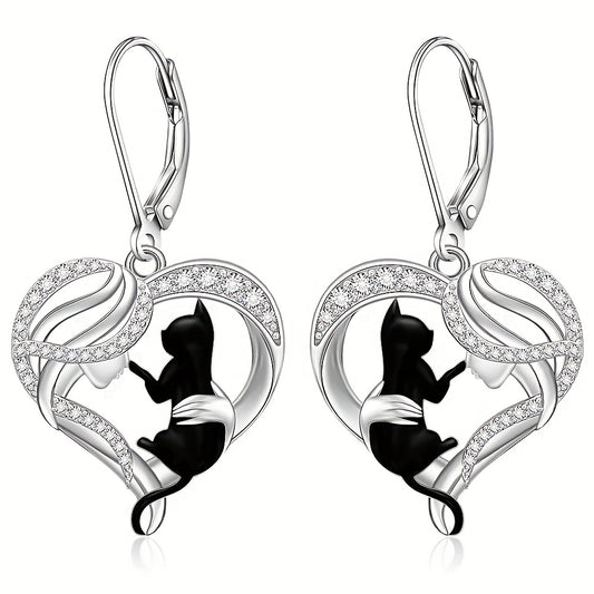 Black Cat Earrings for Women Cat Sterling Silvery Earrings Dangle Leverback Halloween Christmas Jewelry Cute Cats Gifts, Holiday Jewelry, Dangle Design, Bohemian Style, Synthetic Stone, Lightweight Earrings, Drop Earrings, St