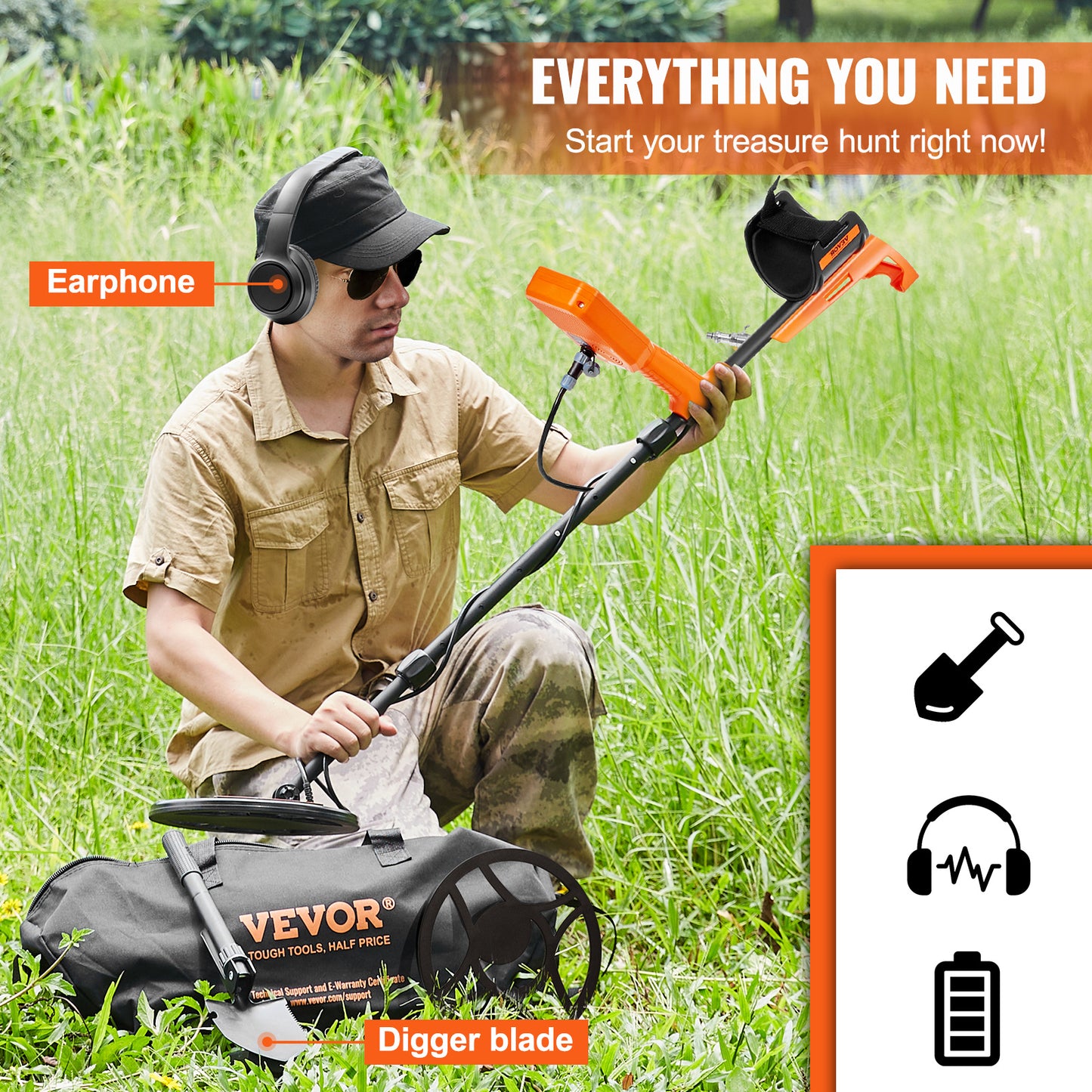 VEVOR Metal Detector, 12" Coil, Professional Rechargeable Gold Detector, 39-50 in Adjustable with LCD 7 Modes Advanced DSP Chip Bluetooth Headset, Detecting Gold Treasure Hunting