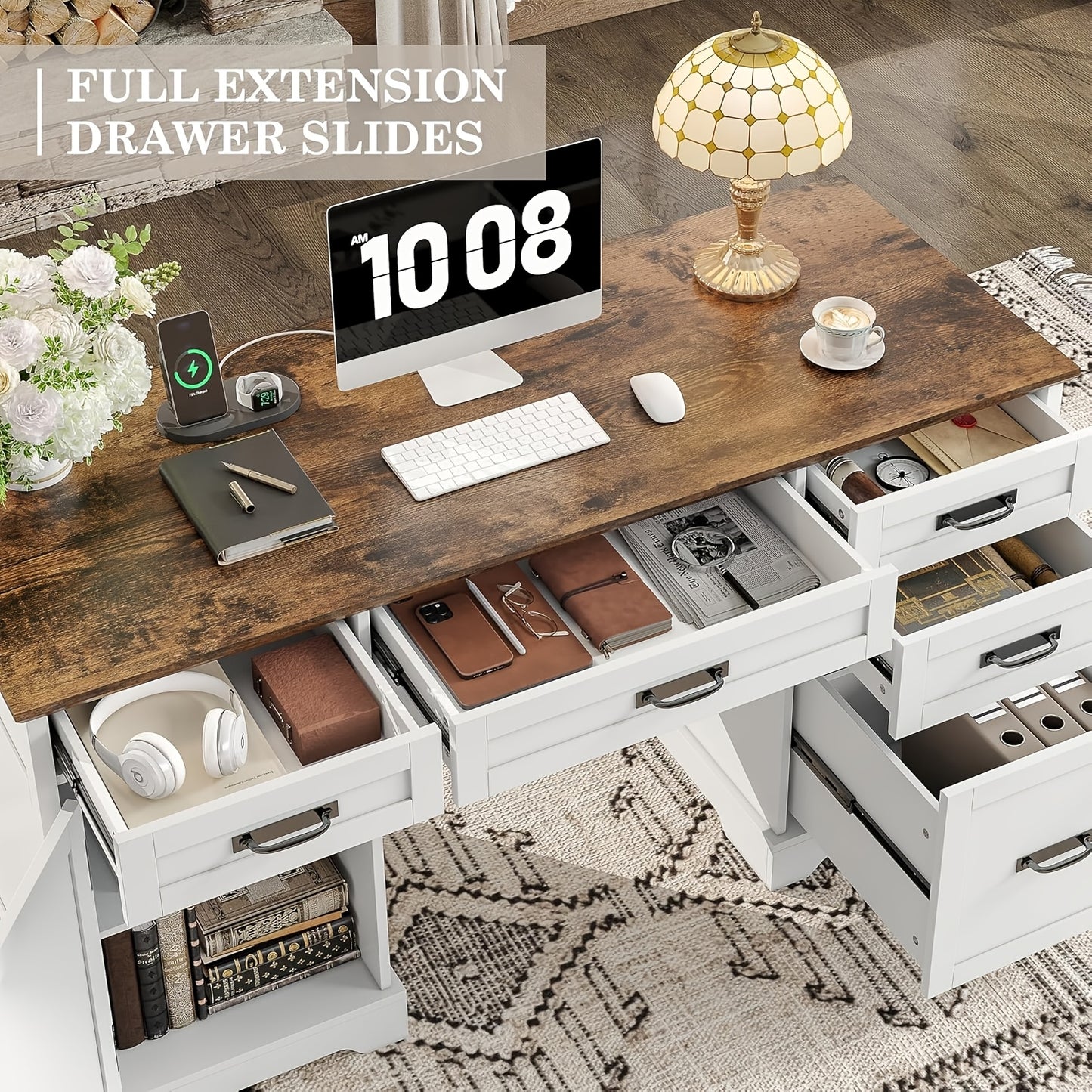 55'' Farmhouse Executive Desk with Power Outlets, Home Office Desk with Drawers And Cabniet