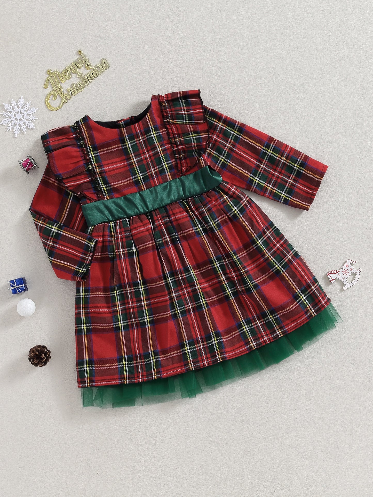 Girls' Elegant Plaid Christmas Dress with Ruffled Neckline & Long Sleeve - Red/Green Tartan Pattern, Mesh Patchwork Skirt, Round Neck Winter Outfit for Holiday Parties, Christmas Pageant & Special Occasions - Cozy Warm One-Pi