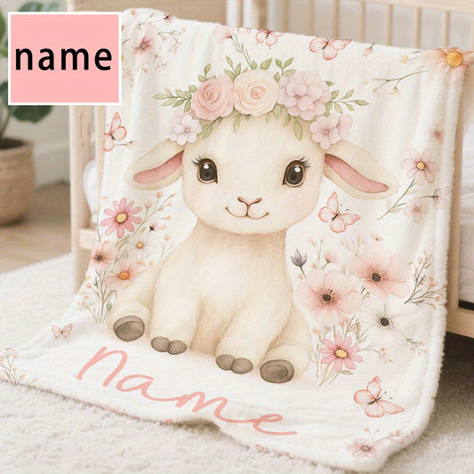1pc Name Blanket - Cute Lamb & Pink Flowers Print with Custom Name, Soft Cozy Warm Throw for All Seasons, Adorable Sheep & Floral Design, Ideal Gift for Christmas, Birthdays, Showers, Travel & Home Use, Hand Wash Only, White