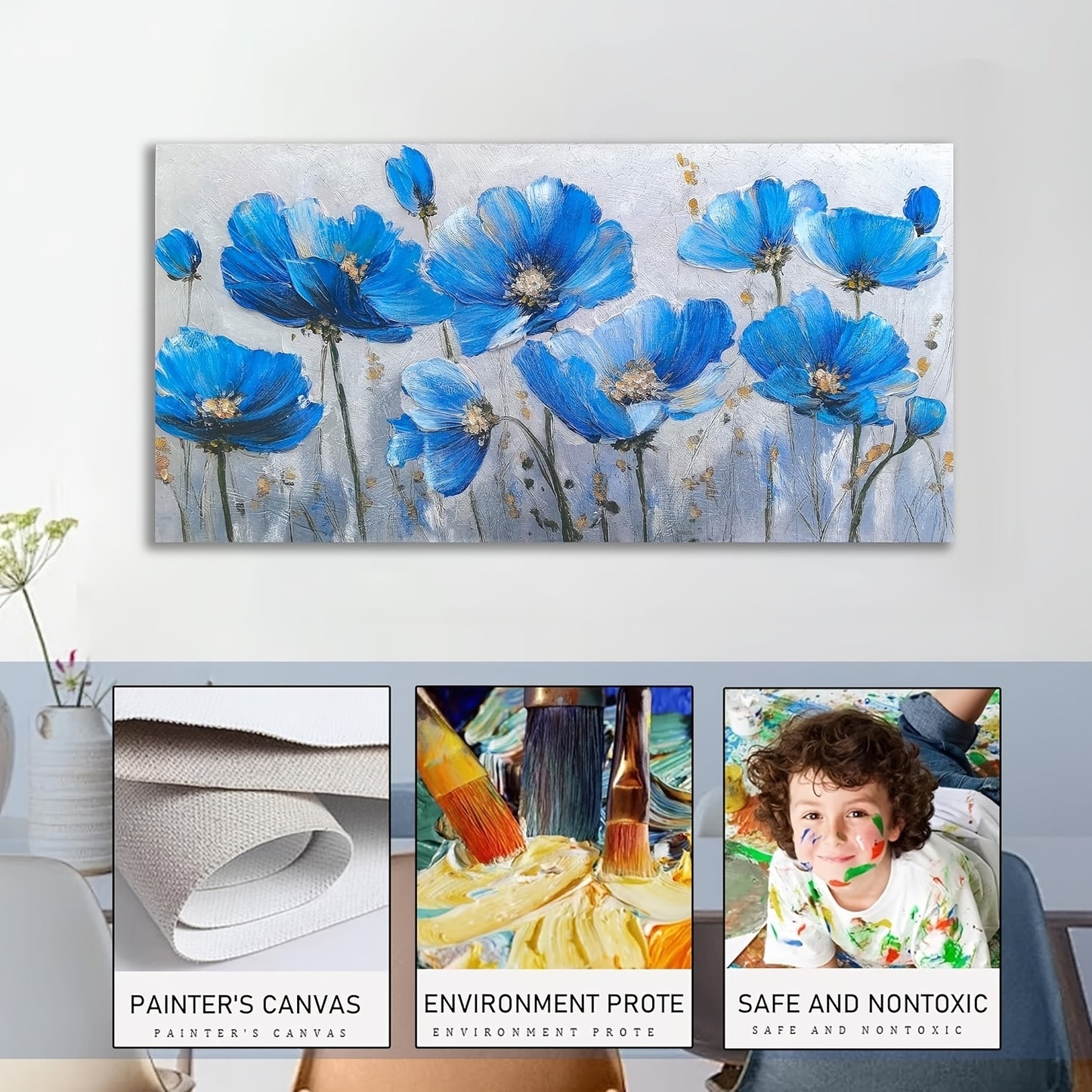 Large Blue Wildflower & Botanical Canvas Wall Art - Frameless 20x40 Inch Wildflower Pictures Suitable for Room & Office Decor, Beauty Large Artwork