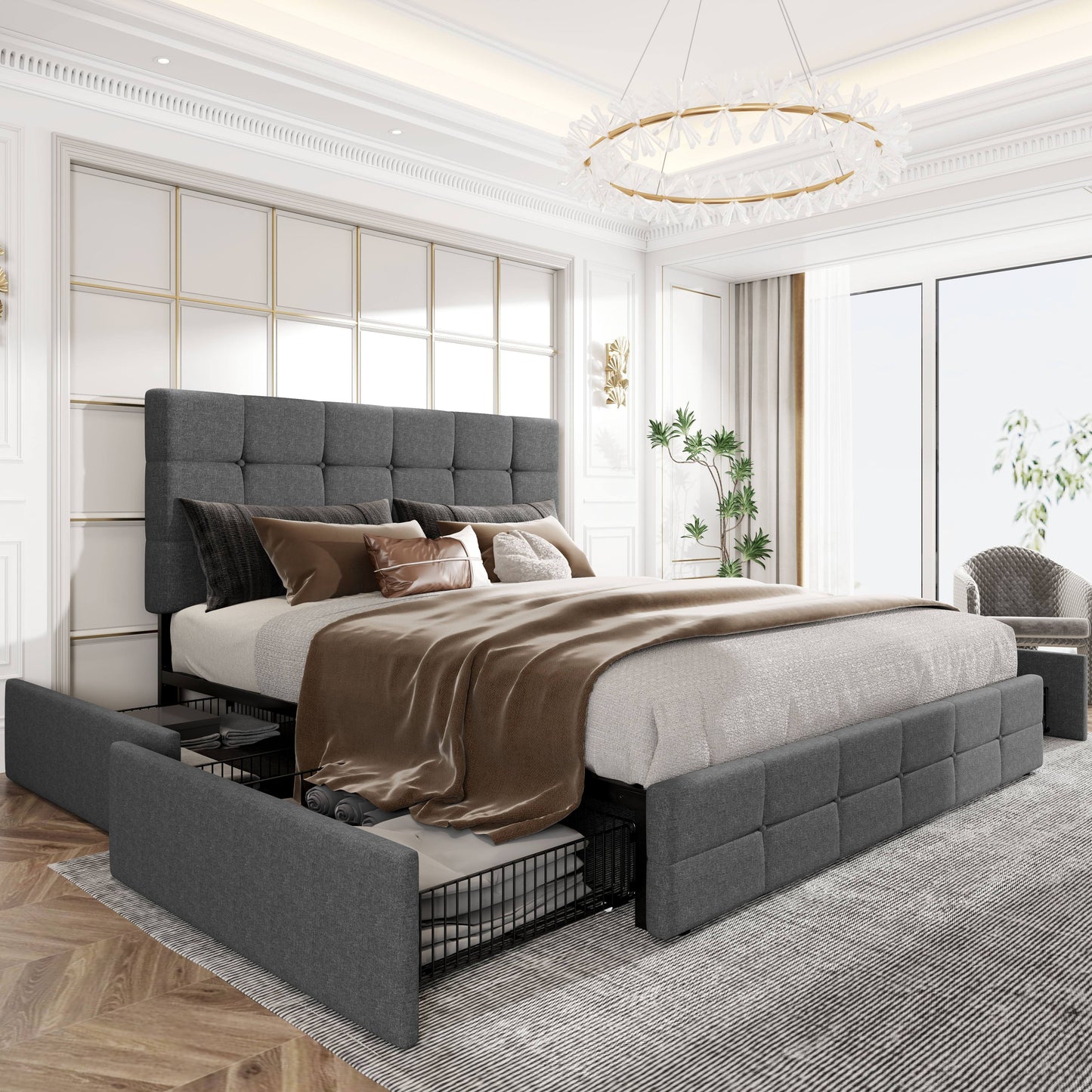 HOOMIC Full/Queen/King Size Platform Bed Frame with 4 Storage Drawers & Adjustable Headboard - Contemporary Square Stitched Button Tufted Design, Noise-Free Wooden Slats, No Box Spring Needed, Easy Assembly, Recycled Wood & M