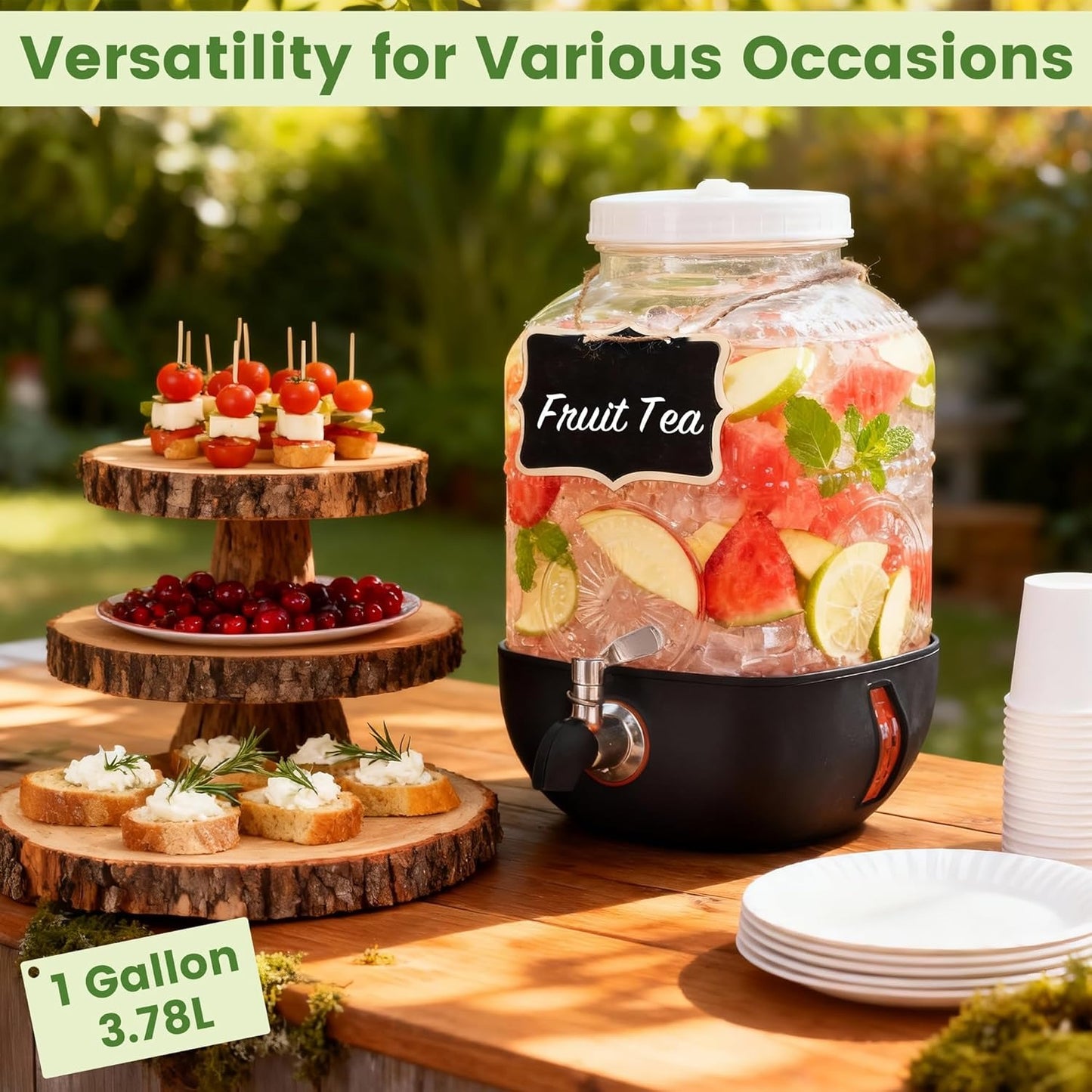 1 Gallon Glass Drink Dispensers For Parties, Leakproof/Crack-resistant Beverage Dispenser with Silicone Protective Case for Iced lemonade,Juice, Sun Tea Jar, Water, Stainless Steel Spigot