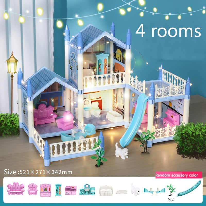 Doll House, Dollhouse for Girls Pretend-Play DIY Dollhouse Kit - 4-Story 11 Rooms Playhouse with 4 Dolls Toy Figures, Furniture And Accessories Set Gift Toy for Kids Ages 3 4 5 6 7 8+