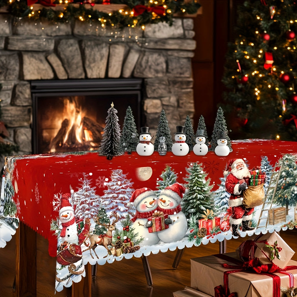 1pc Merry Christmas Themed Red Printed Tablecloth, Farmhouse Style, Santa Claus, Snowman, Snow Scenery Design, Christmas, New Year Gatherings, Parties Decor, Kitchen Accessories, Room&Outdoor Decor, Gift to Friends, Rectangul
