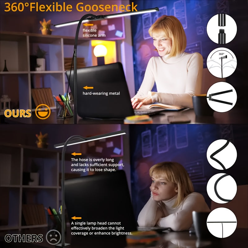 Modern Touch LED Desk Lamp | Adjustable Gooseneck, Dual Head Design, Anti Glare, USB Powered, Foldable, Smooth Metal Surface | Ideal for Reading, Gaming, Office - Perfect for Home Office and Study, Christmas Gift