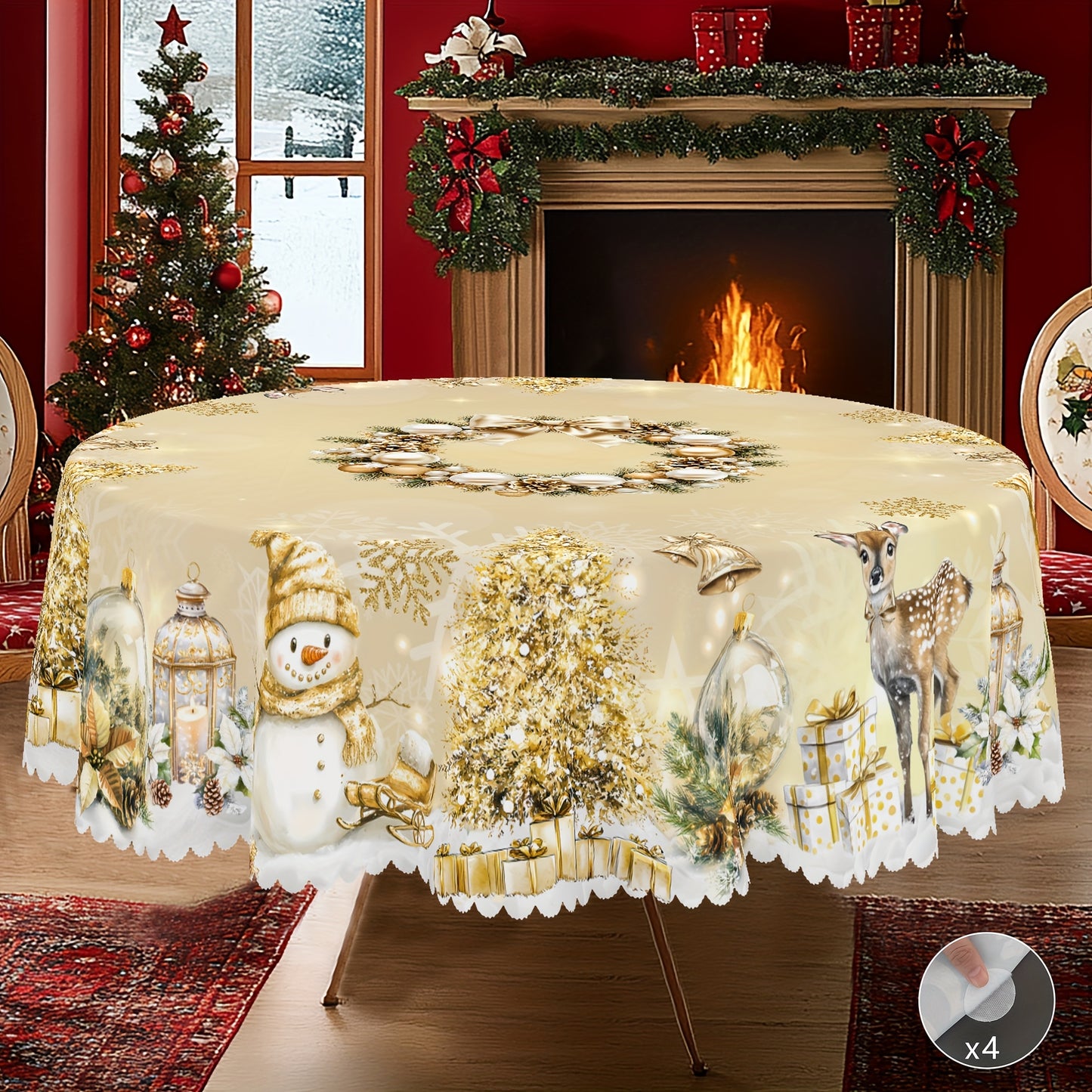1pc Golden Christmas Happy Theme Printed Tablecloth, Retro Farmhouse Style, Snowman, Elk, Christmas Tree Pattern Design, Christmas, New Year Party, Party Decoration, Kitchen Accessories, Room and Outdoor Decoration, Gift for