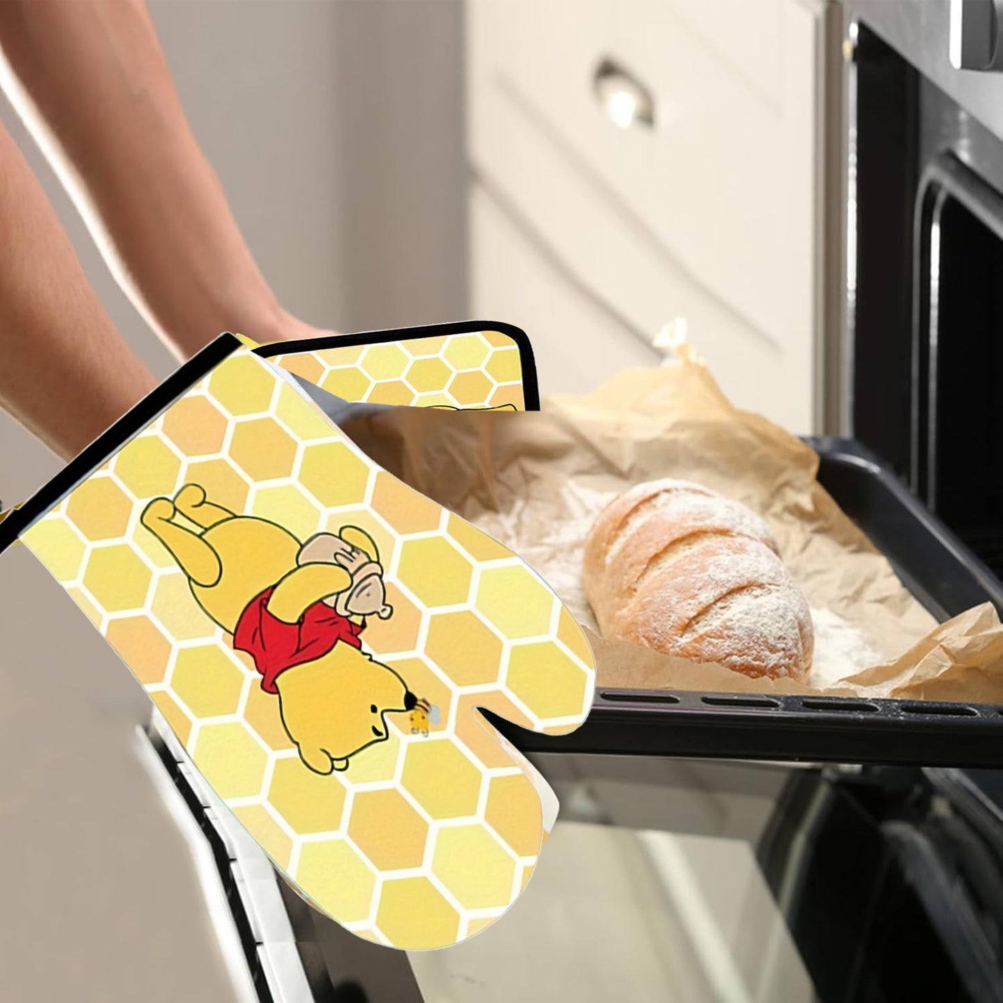 Winnie the Pooh Kitchen Set, including a cartoon apron, heat-resistant gloves, and a heat-resistant mat, bringing joy to your culinary creations.,  Playful Kitchenware, Cheerful Kitchen, Kitchen Gift Set