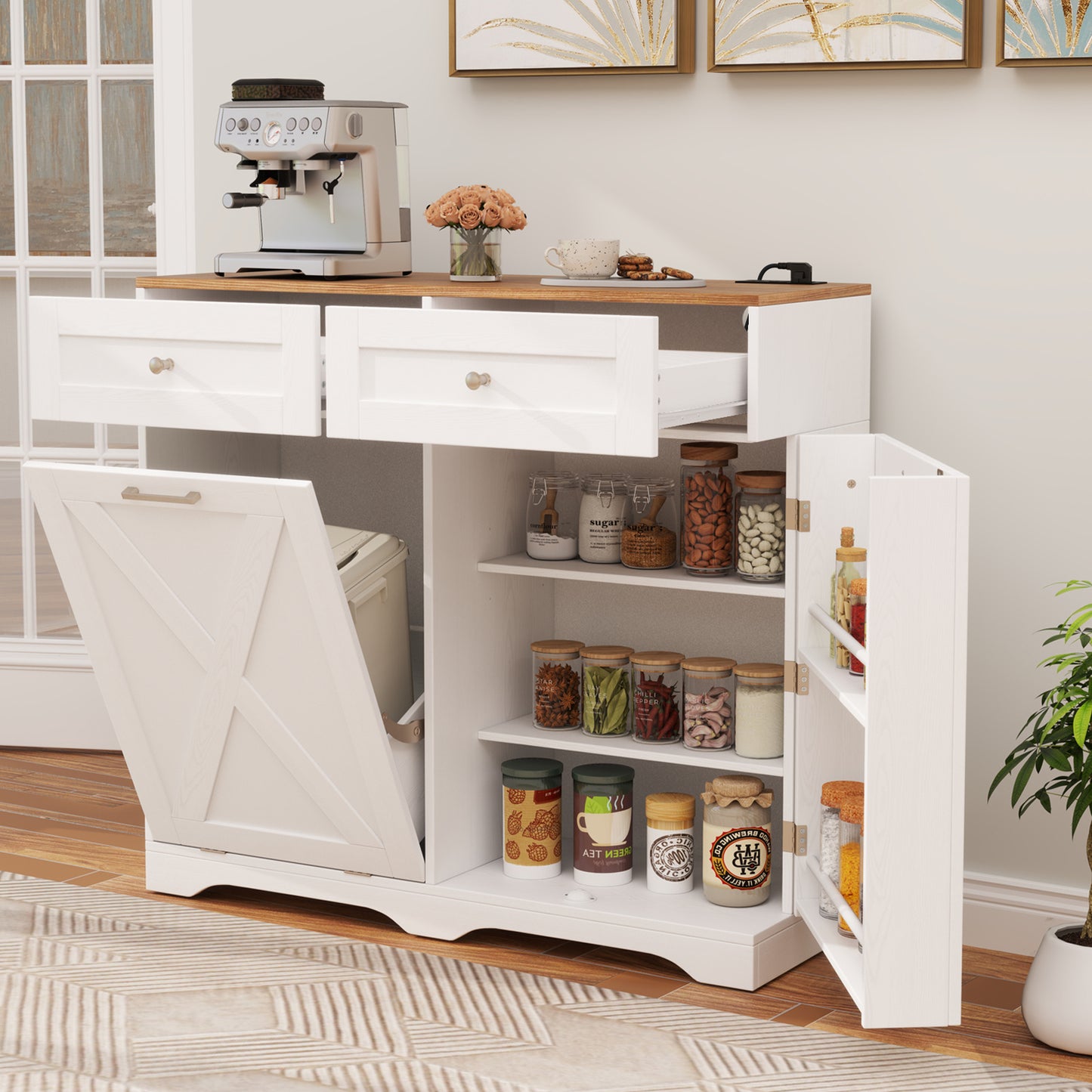 COSTWAY Tilt Out Trash Bin Cabinet, Kitchen Island with Outlet, 2 Drawers, Adjustable Shelf & Barn Door, Pantry Storage Cabinet, Pet-Proof Garbage Can for Dining Room & Laundry Room