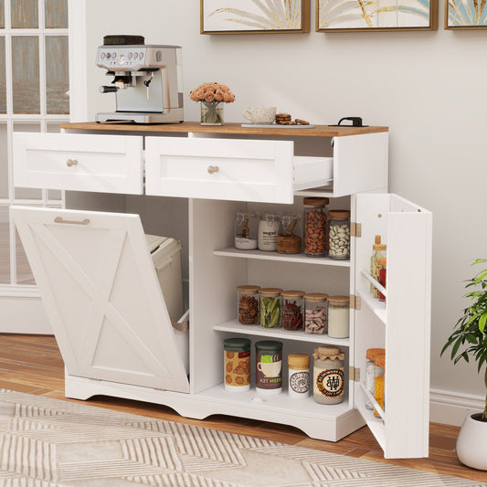 COSTWAY Tilt Out Trash Bin Cabinet, Kitchen Island with Outlet, 2 Drawers, Adjustable Shelf & Barn Door, Pantry Storage Cabinet, Pet-Proof Garbage Can for Dining Room & Laundry Room