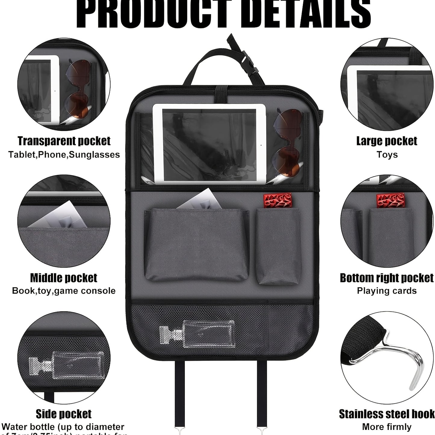 2-Count Backseat Car Organizer with Table Tray & Tablet Holder - 6 Storage Pockets, Kick Mats Protectors, Durable Faux Leather, Classic & Grey, Unisex Travel Accessories for Family Vehicles, Vehicle Organization, Sleek Design