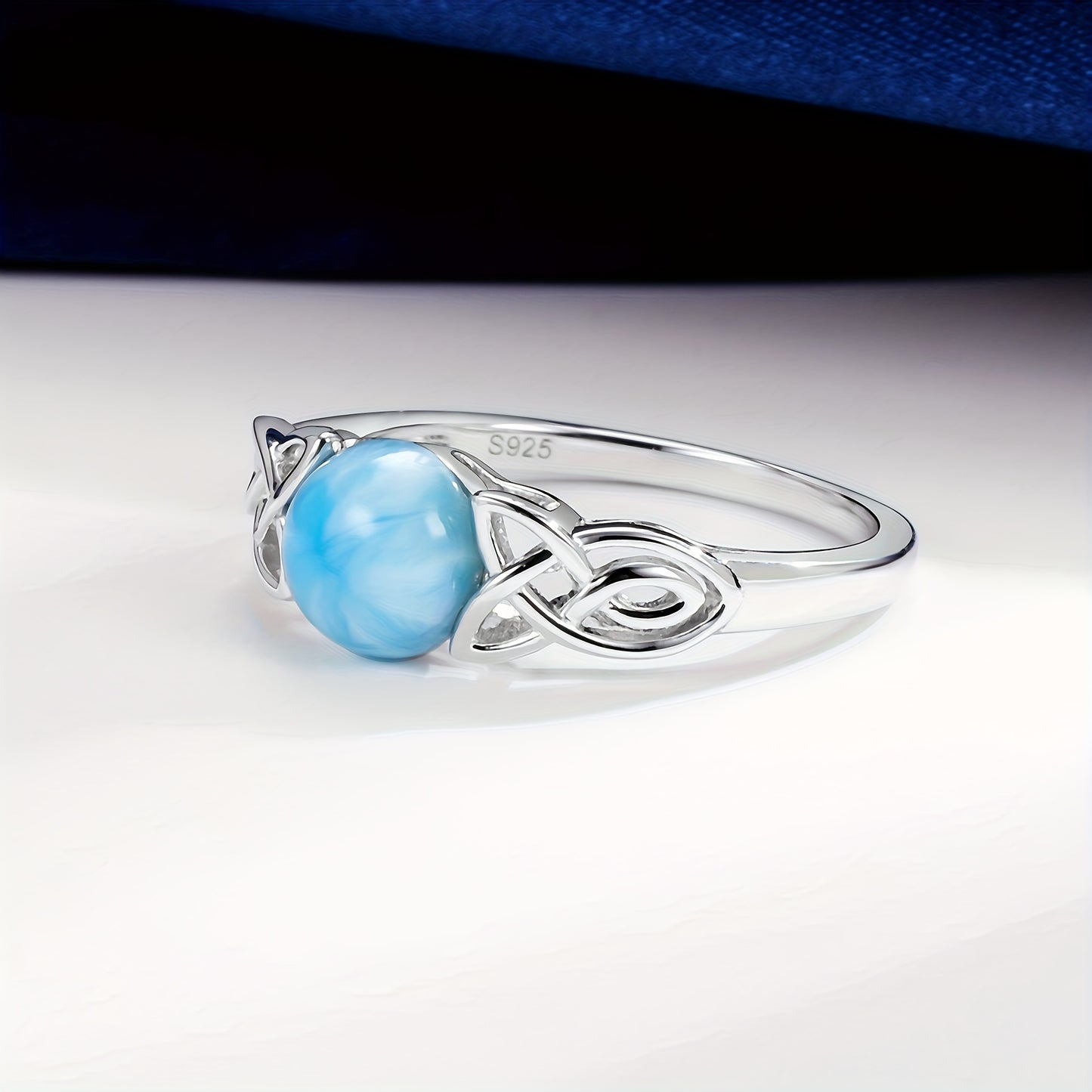 7mm Round Larimar Rings for Women Men, 925 Sterling Sliver Celtic Knot Rings Band Blue Faux Jewelry Gifts Wedding Engagement Luxury #5/6/7/8/9/10, Wedding Ring Set, Engagement Ring, Holiday Gift, Stylish Accessory, Elegant Je