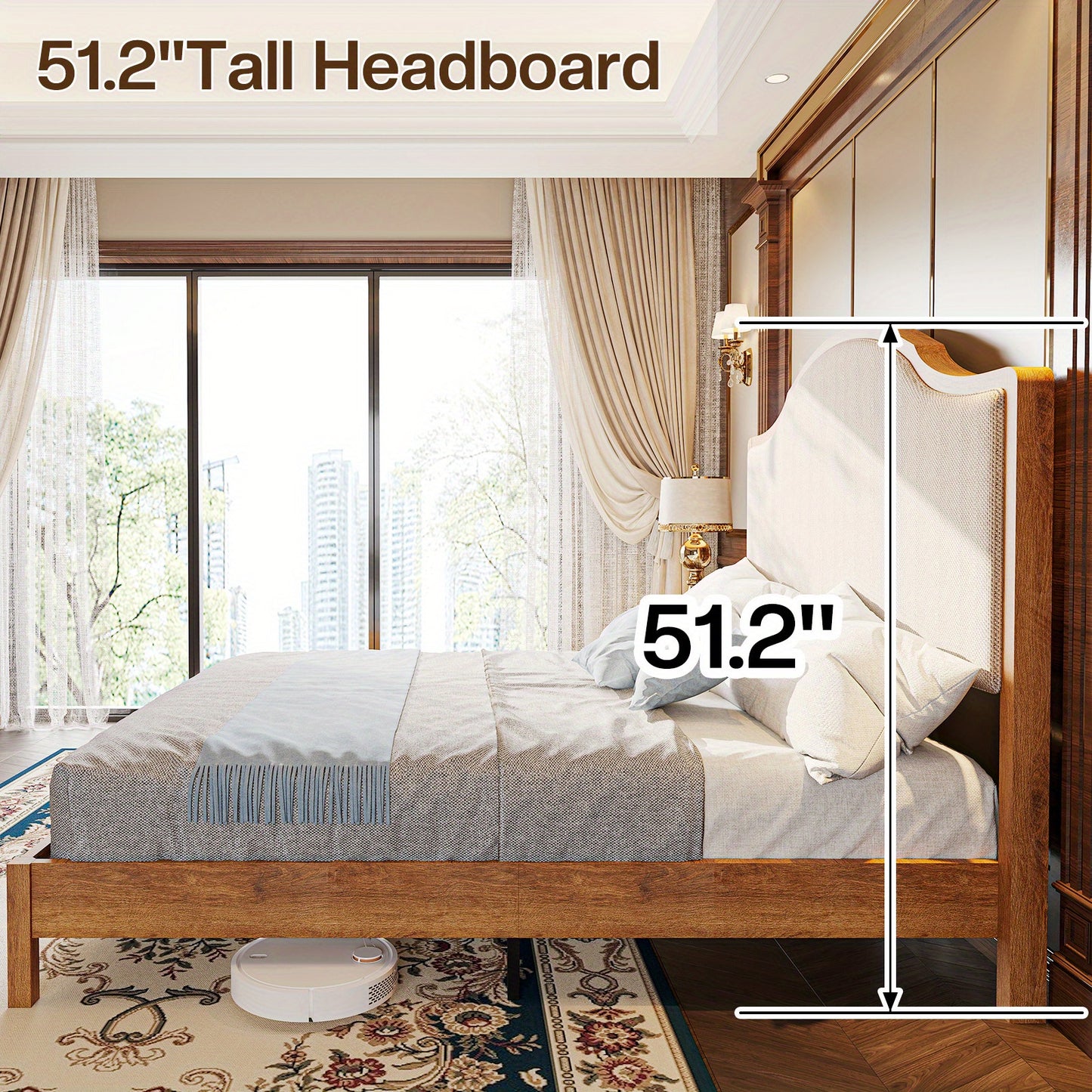 PAPABABE Solid Wood Platform Bed Frame with Upholstered Curved Headboard, Wood Slat Support, No Box Spring Required