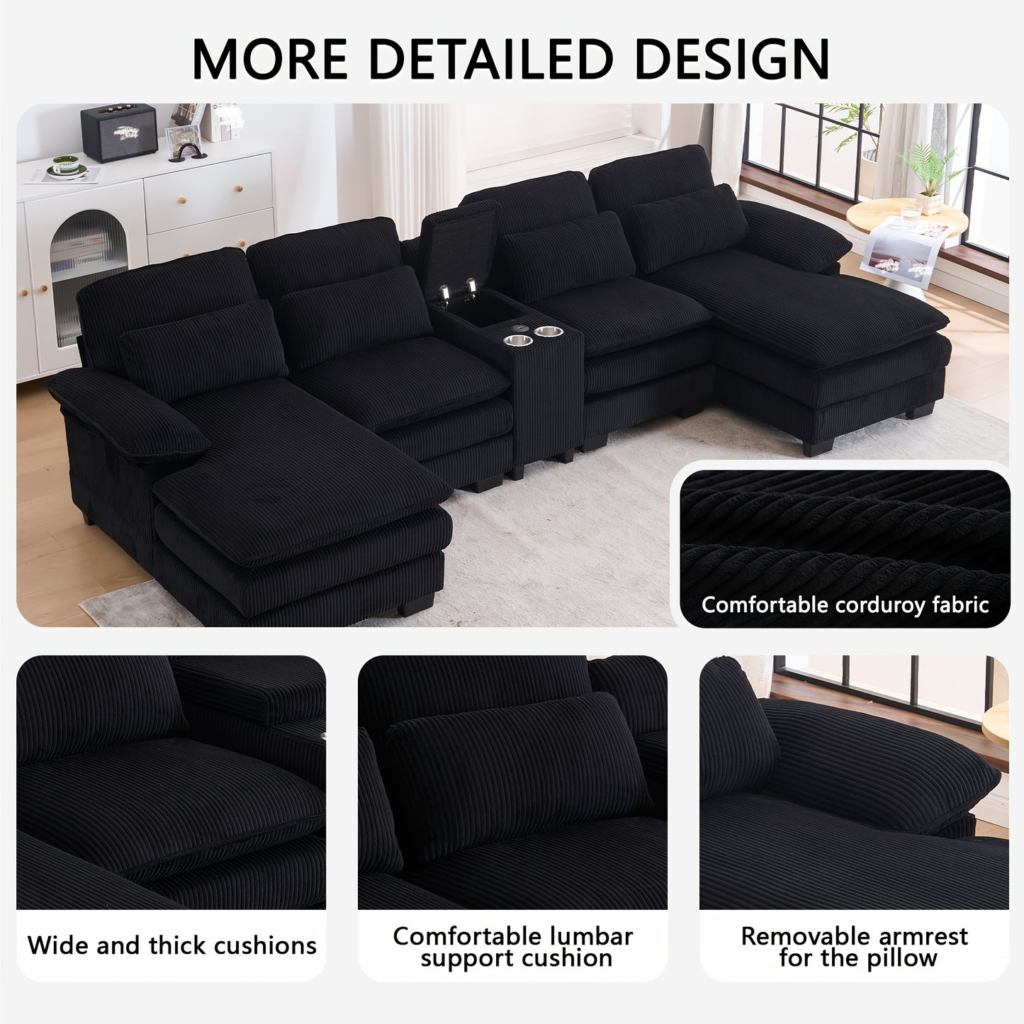 Living Room Comfort Combo Sofa, U-Shaped Cloud Sofa Combination Sofa, Modern Corduroy Modular Sofa with Recliner, Console Cup Holder