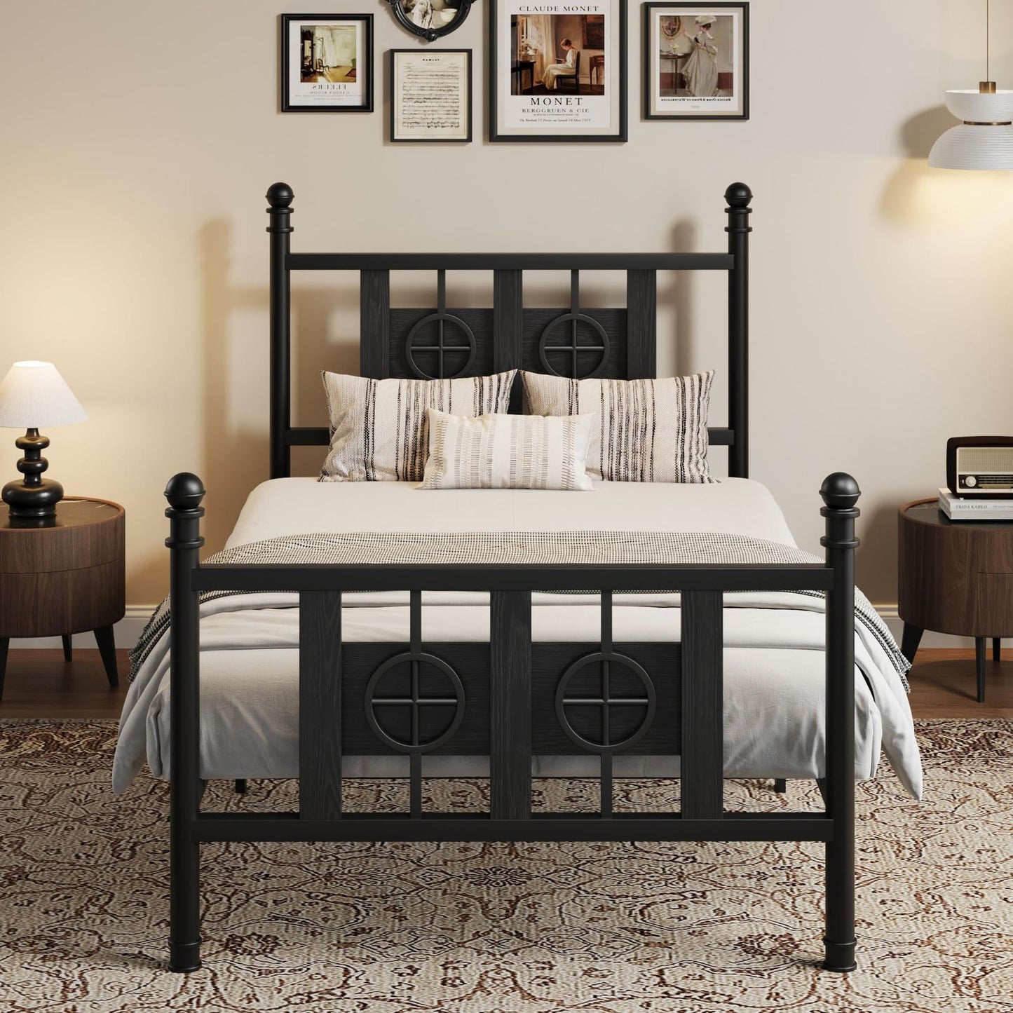 Bed Frame with Headboard and Footboard, Metal Twin Bed Frame with Vintage Circular Design & Storage Space Under Bed, No Box Spring Required, Easy Assembly, Noise-Free