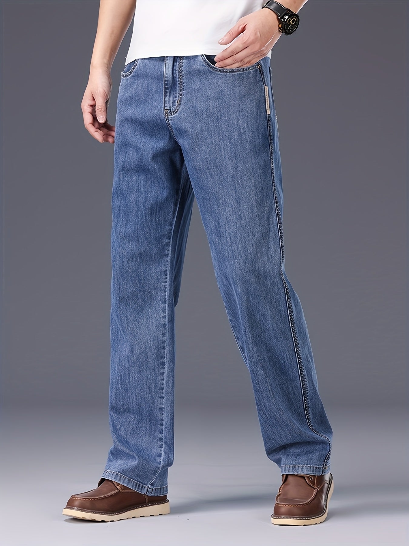 Men's Lyocell Stretch Denim Straight-Leg Jeans - All-Season Business Casual Pants with Button Detail, Machine Washable, Classic Regular Fit & Solid Color Design, Versatile for Office & Casual Attire, Durable Fabric Pants, Tim