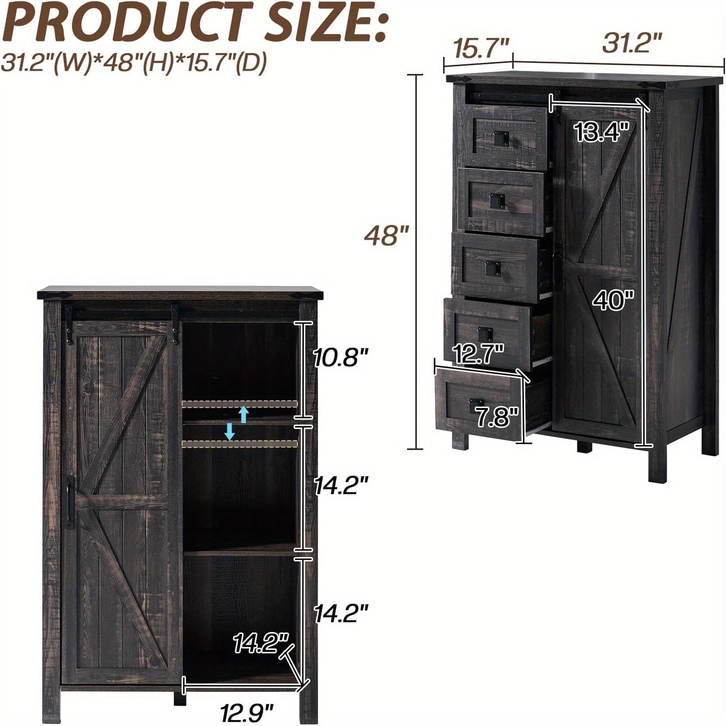 LUXOAK Farmhouse 5-Drawer Dresser with Sliding Barn Door& Storage Cabinet for Bedroom- Rustic Storage Solution
