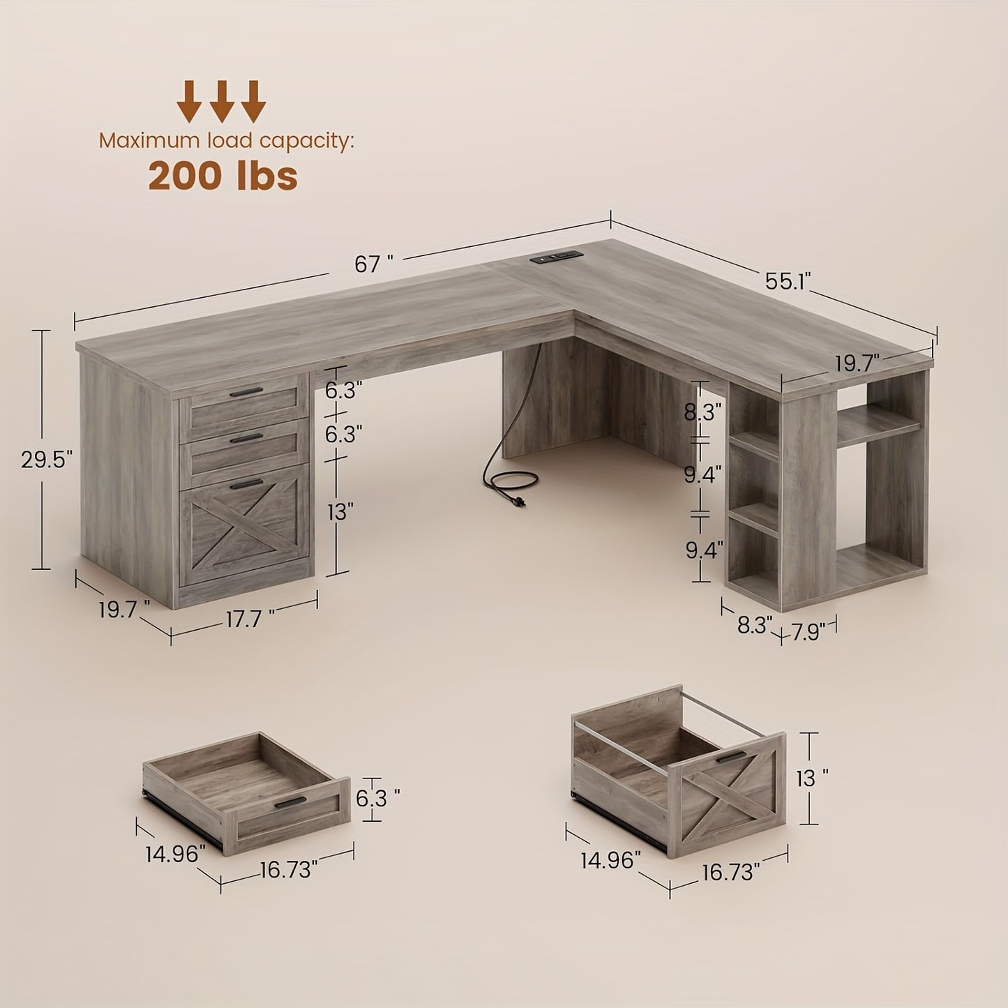 67" L Shaped Desk with Ample Storage, Farmhouse Computer Desk with Large Desktop And Power Outlets, Home Office Desk with 3 Drawers And Open Shelves, Pc Workstation Corner Desk for Home Office, Grey