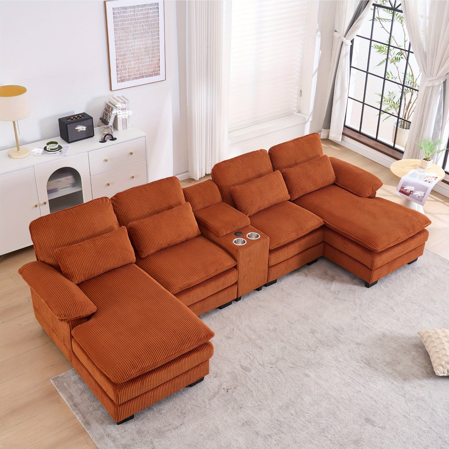 Living Room Comfort Combo Sofa, U-Shaped Cloud Sofa Combination Sofa, Modern Corduroy Modular Sofa with Recliner, Console Cup Holder