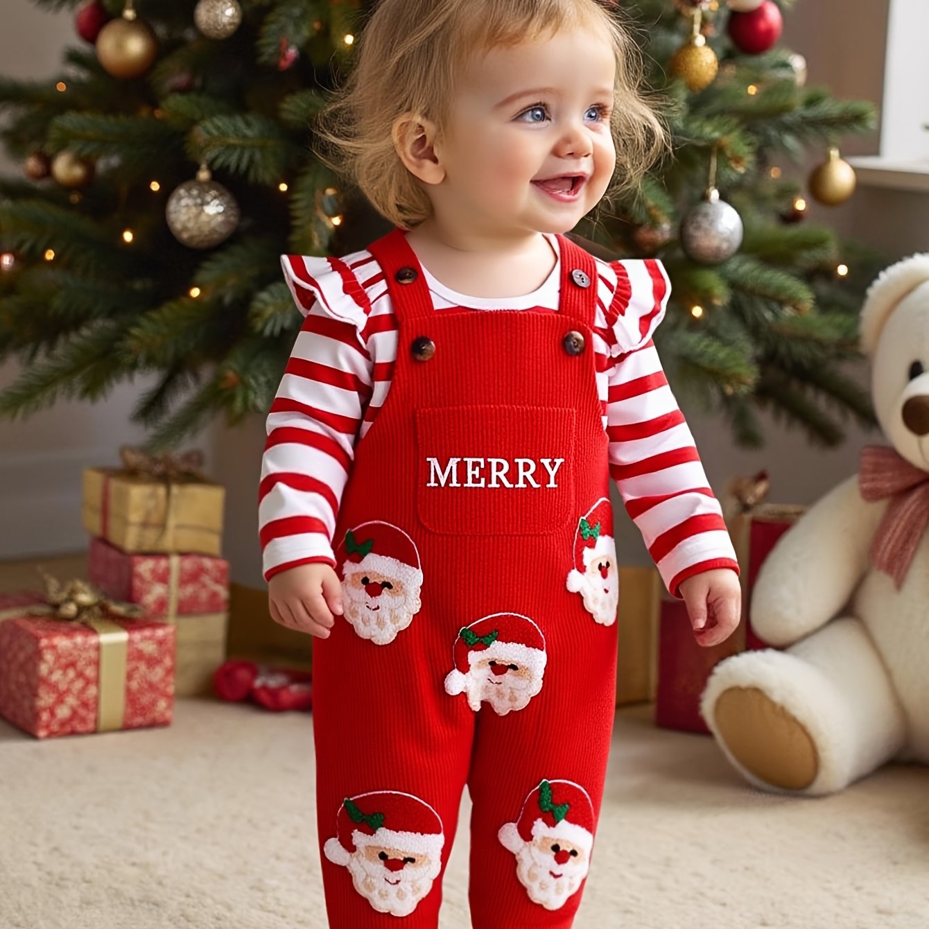 Baby Girl's Christmas Set - Red And White Striped Onesie, Santa Claus Embroidered Romper, with Hairband Included, Perfect for Outdoor