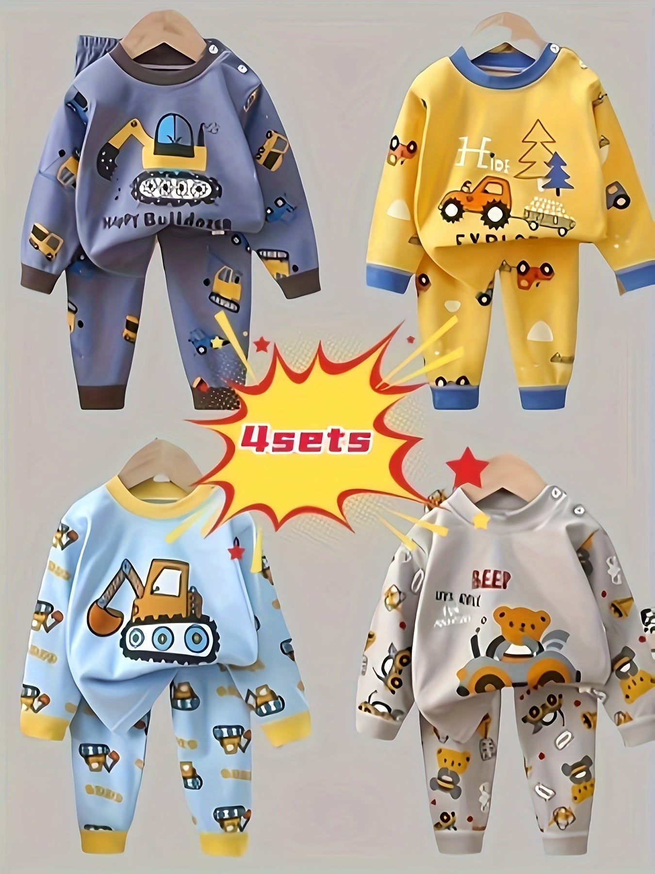 4pcs set set set Autumn simple fashion full print set Car series full print Cute children love motorcycle print series autumn set comfortable and breathable, Perfect for Outdoor
