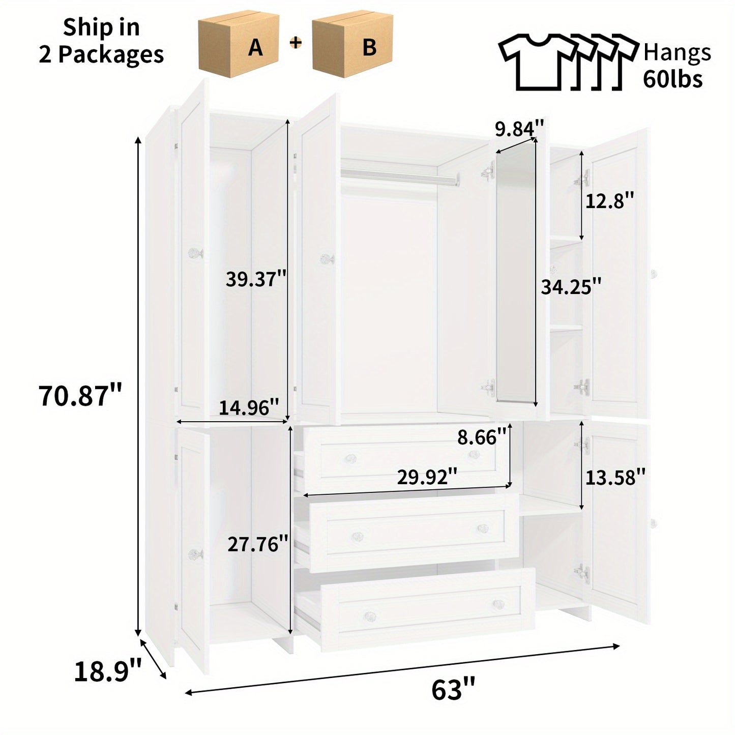 47"/63" Large Modern Armoire Wardrobe Closet with Mirror Door, Hanging Rod, Drawers & Shelves - -Standing Dresser Suitable for Bedroom, Assembly, Wood & MDF