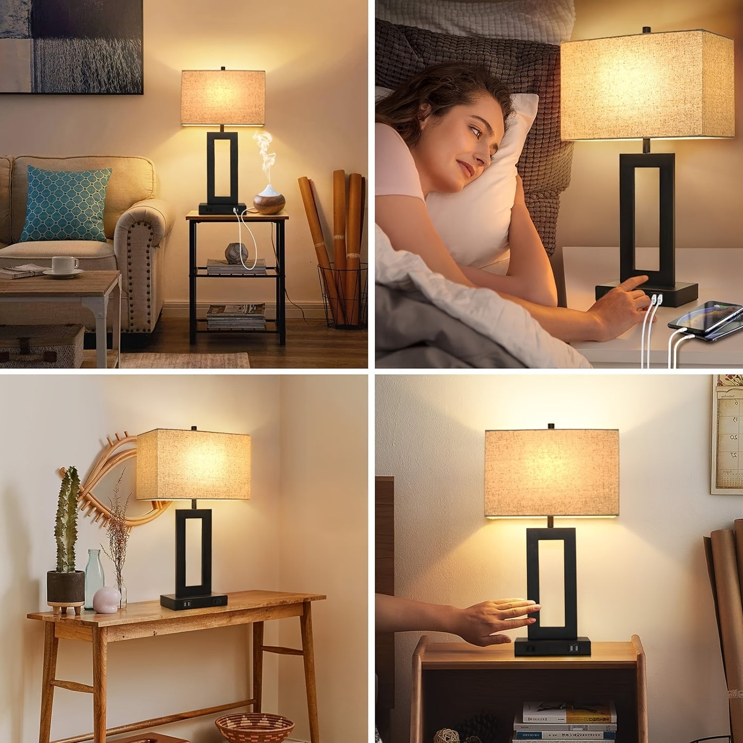 Set Of 2 Touch Control Table Lamp with 2 USB Ports, 3-Way Dimmable Modern Nightstand Lamp Sets Bedside Touch Desk Lamp with Fabric Cream Shade for Bedroom Table Living Room Reading, Included Bulbs, Table Lamp for Living Room,