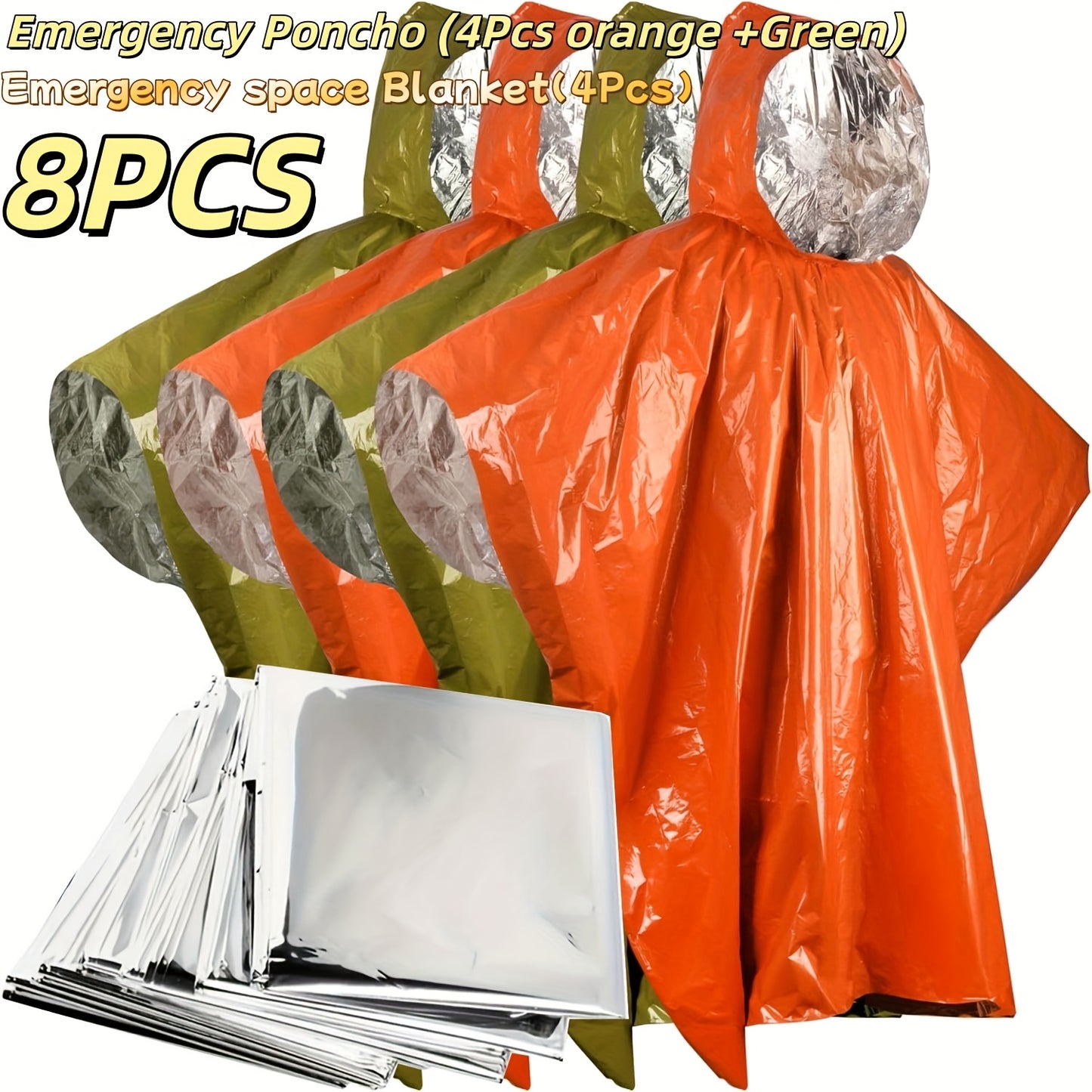 8/12pcs Survival Gear Kit, Emergency Poncho, Space Blanket, Retains 92% Body Heat, For Outdoors, Hiking, Camping, Bug Out Bag, Marathons, Car, Backpack Rain Cover, Bug Out Bag Gifts For Men Women