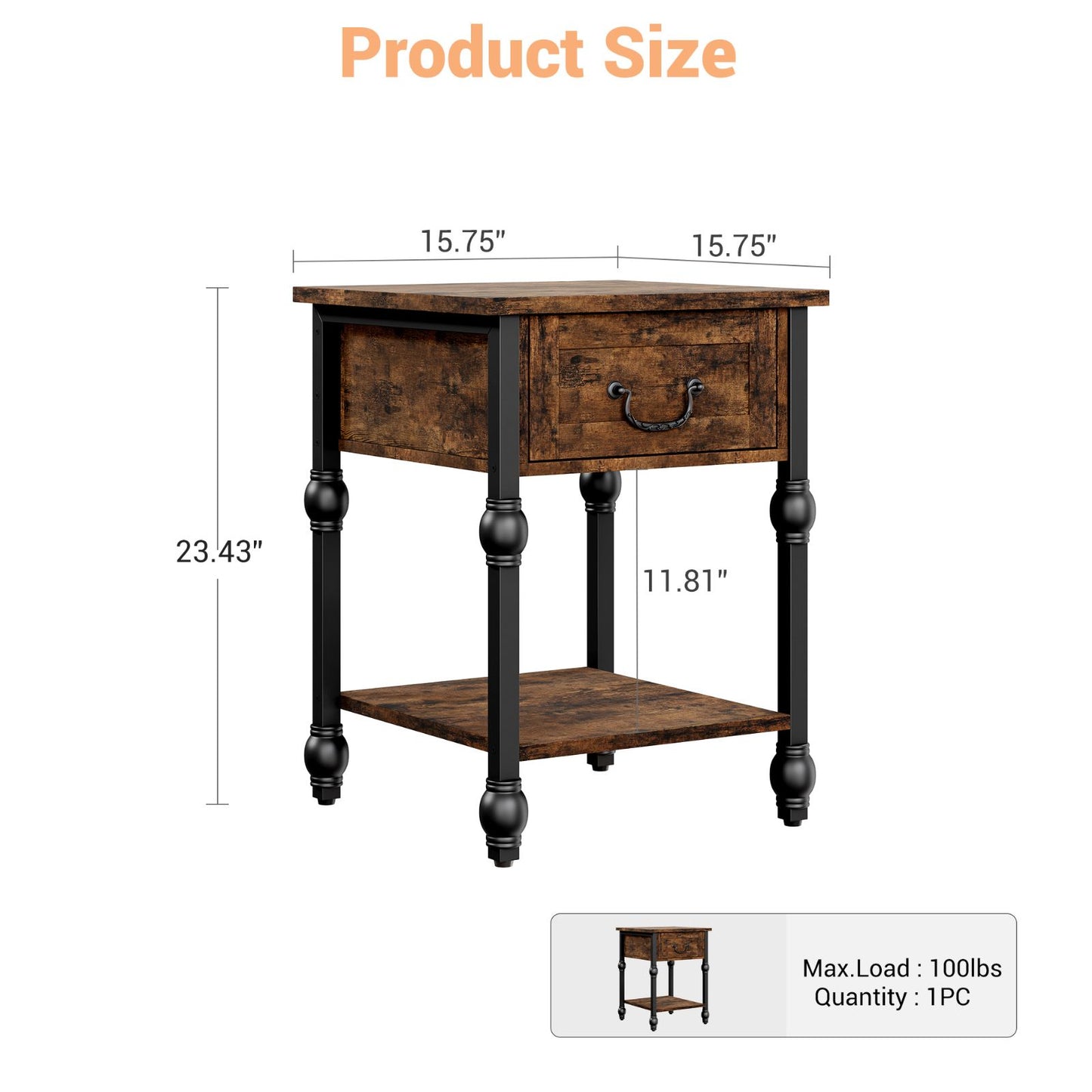 Industrial Style End Table in Brown, 2-Tier with Drawer for Bedroom, Living Room, and Compact Spaces