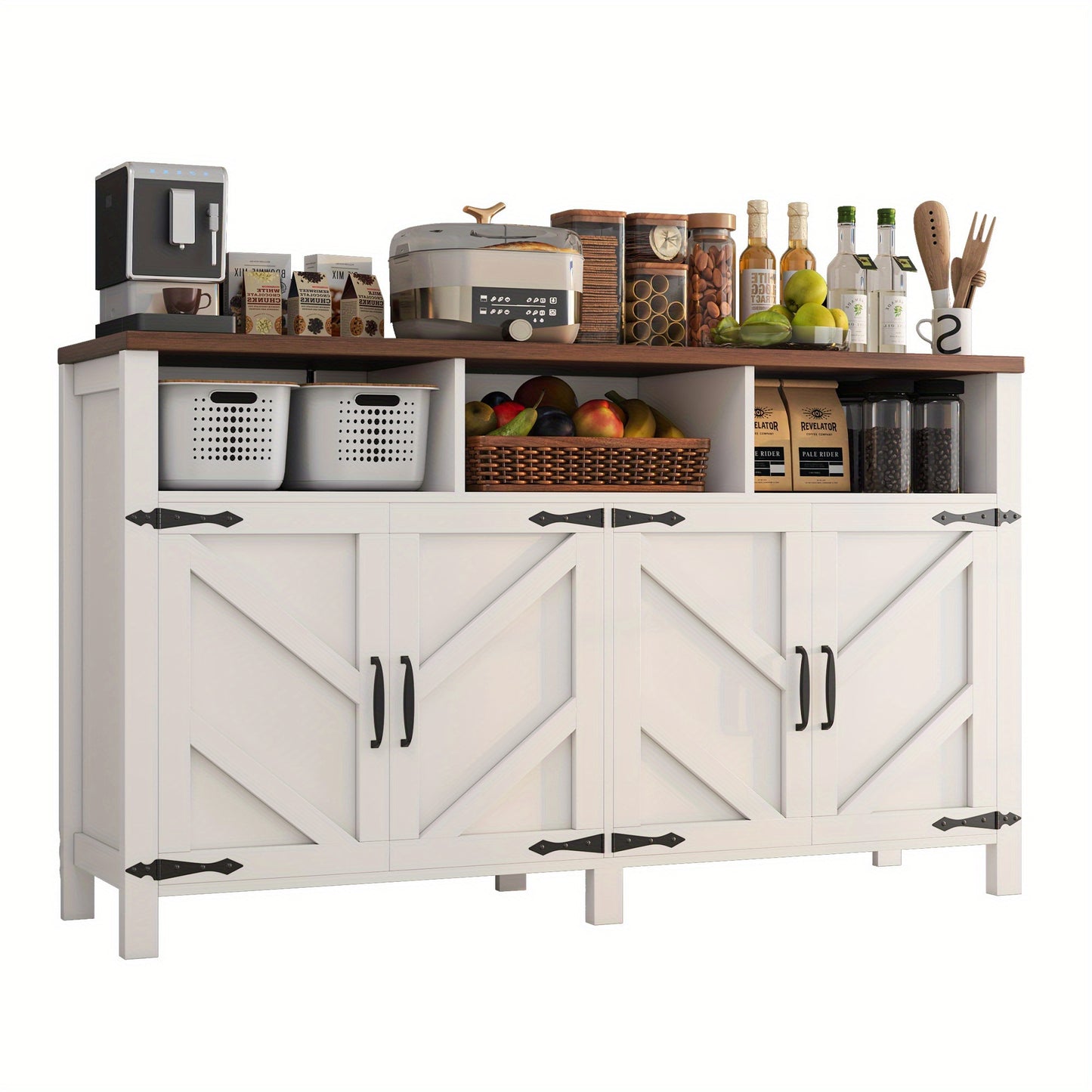 A Storage Cabinet Designed in a Farmhouse Style Featuring a Fishbone Pattern, Equipped with Seven Compartments And a Door Frame. Ideal for Use in Kitchens, Dining Areas, Storage Rooms, And As a Dressing Table in Bedrooms