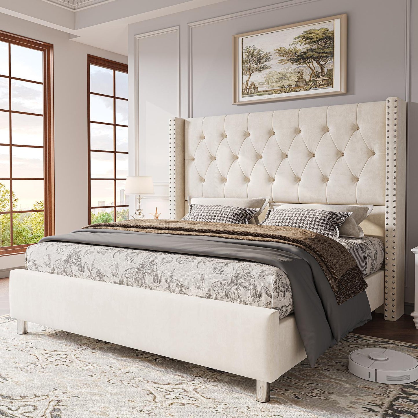 ALBOTT Modern Luxury Queen/King Size Upholstered Platform Bed Frame with 50" Tall Wingback Headboard - Dark Brown/Black Velvet, Button Tufted & Nailhead Trim, Sturdy, No Box Spring, Easy Assembly (Queen/King