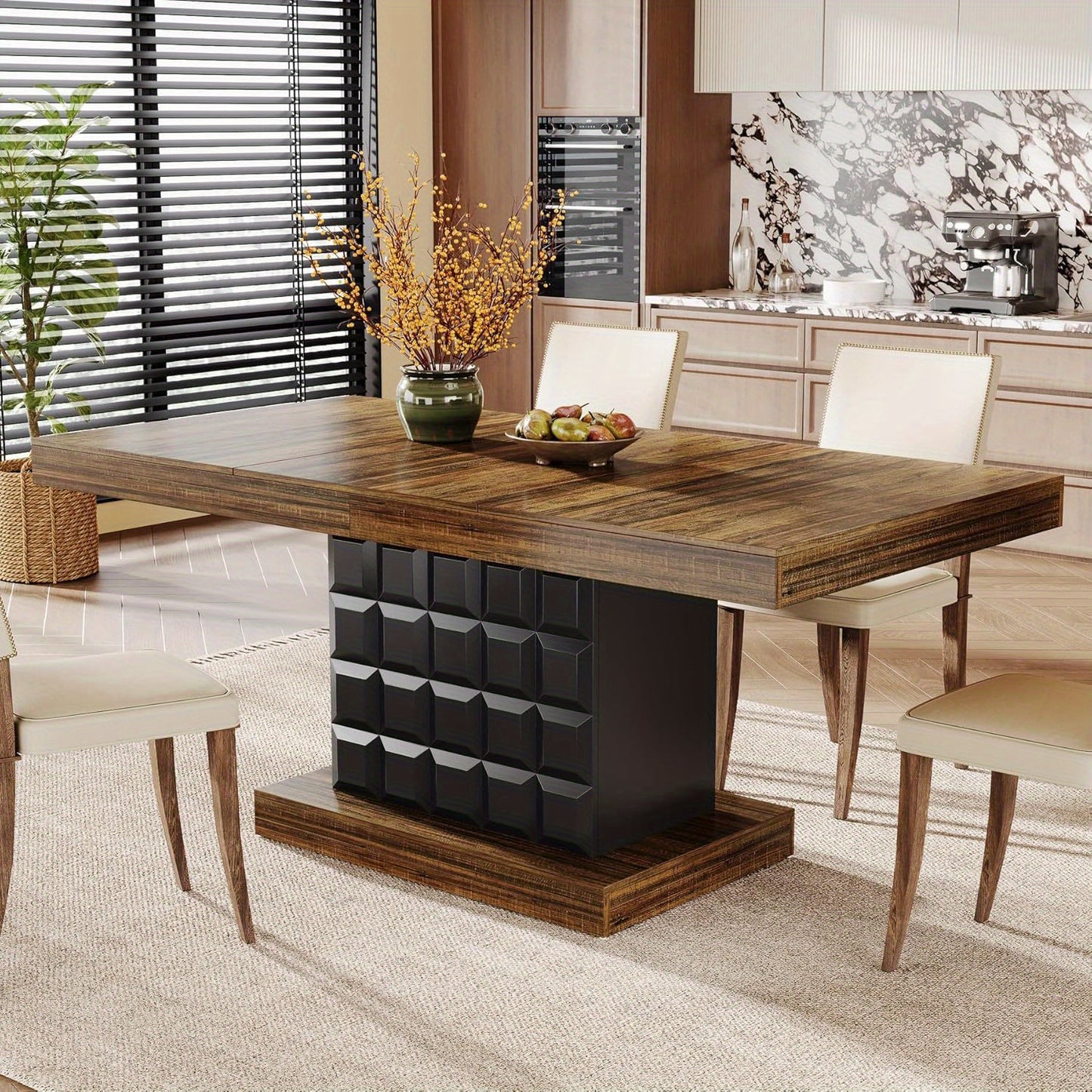 63" Farmhouse Dining Table Extension - Modern Rectangular Kitchen Table for 4-6 people with Brown Wood-like top & Sturdy Pedestal Base, Heavy-Duty MDF Construction, Easy Assembly - Perfect for Dining Room, Kitchen, or Enterta