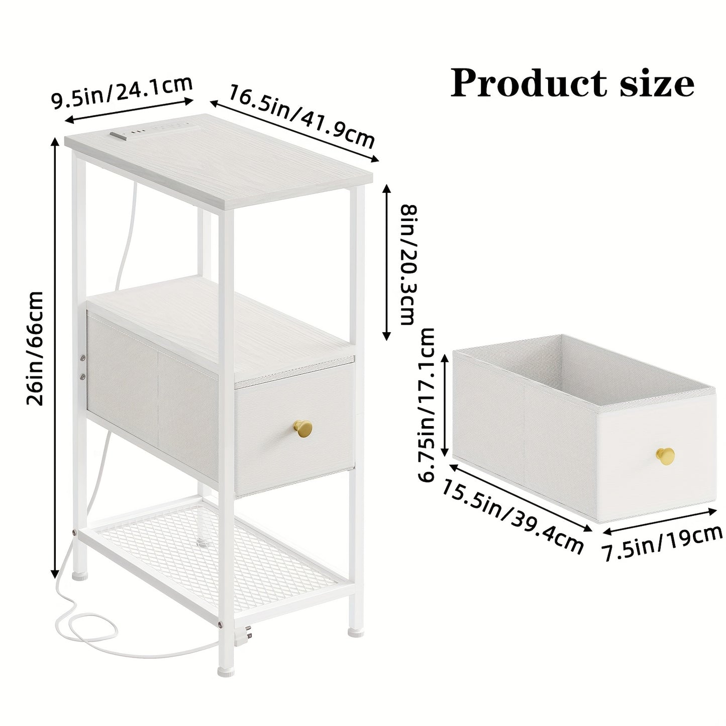 WHONLINE 1pc/2pcs Narrow Night Stand With Charging Station, End Table, Narrow Side Table With 1/2 Fabric Drawers, Skinny Nightstand With Storage, For Living Room, Small Spaces, School And Dormitory Storage, Brown And Black, F