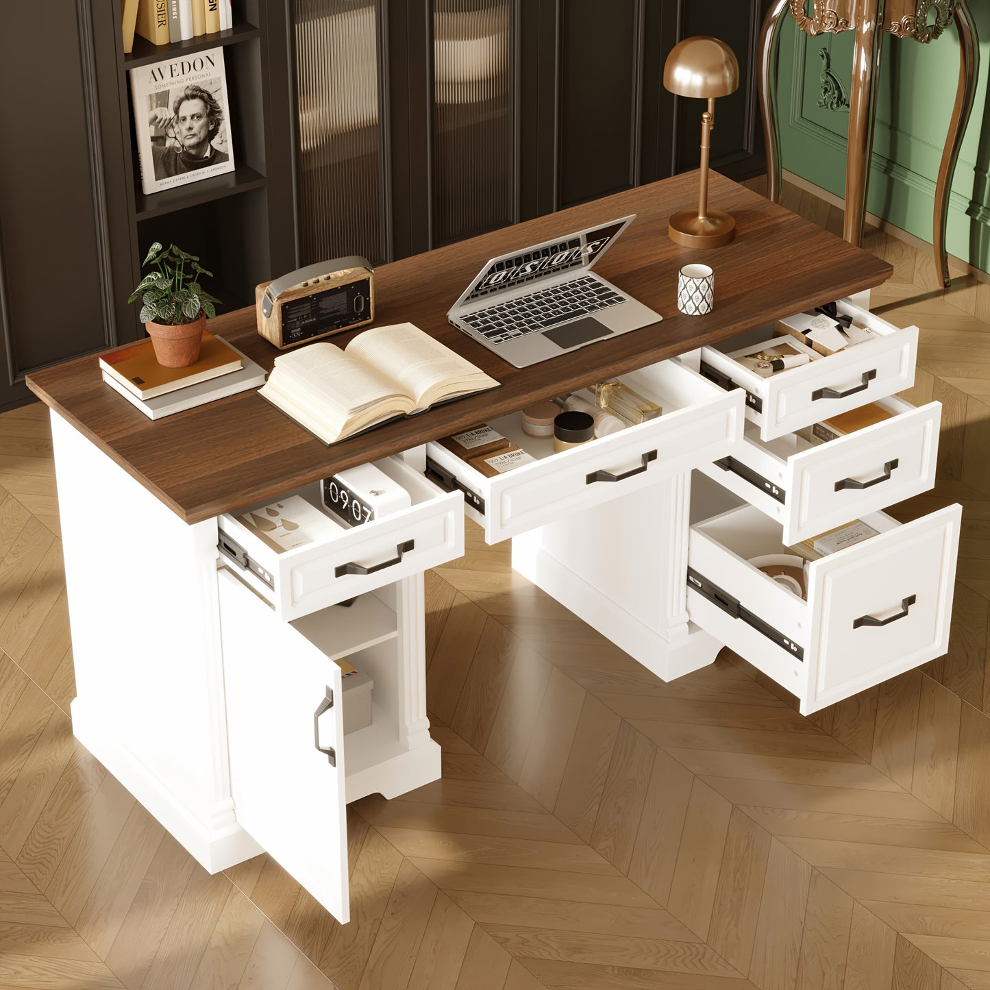 59" Modern Executive Office Conference Desk with 5-Drawer Storage, 2-Tier Cabinets & Walnut/White - Heavy-Duty -Like MDF, Spacious Walnut Veneer Countertop, Freestanding Boardroom Desk for Office, Study Room