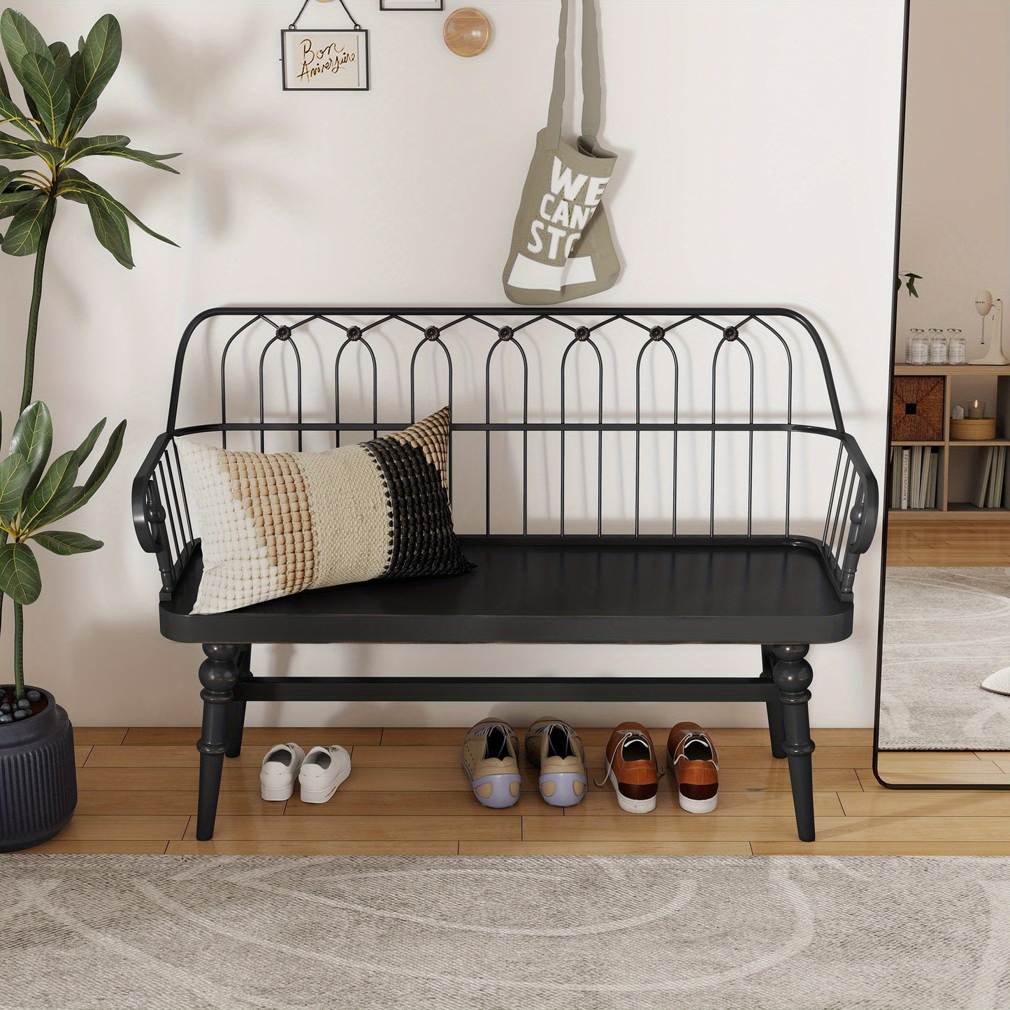 Rustic Farmhouse Entryway Bench with Backrest - Solid Hardwood & MDF Construction, 27" Tall Freestanding Bench with Armrests, Mixed Color Finish for Living Room, Mudroom, Entryway Storage, Entryway Bench, Mudroom Furniture, C
